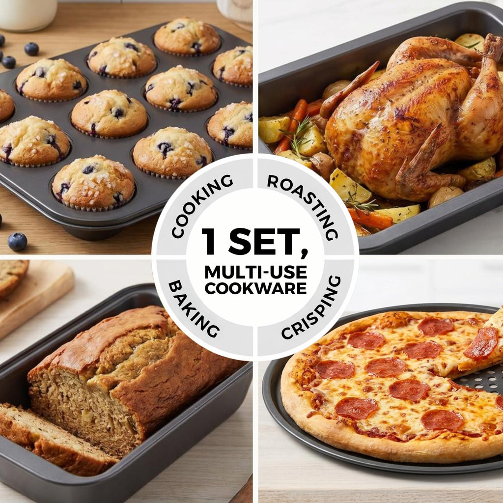 PERLLI Non-Stick 8-Piece Bakeware Set – Carbon Steel with Even Heat Distribution, Oven Safe to 446°F, BPA-Free, Dishwasher Safe, Stackable Baking Tools for Easy Storage and Everyday Cooking - Gray