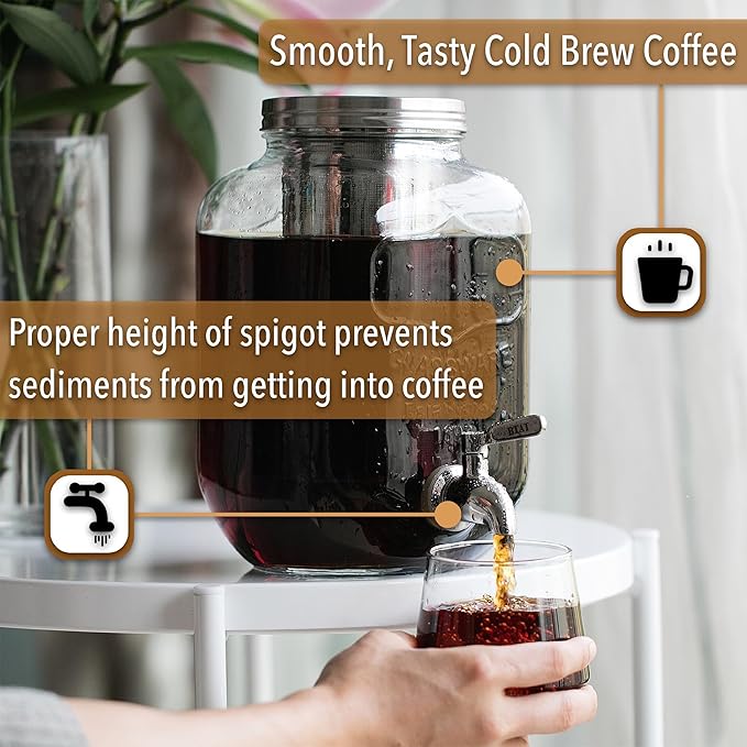 Brew To A Tea Cold Brew Coffee Maker, 1 Gallon, Rose Gold, Mason Jar, 16 Servings