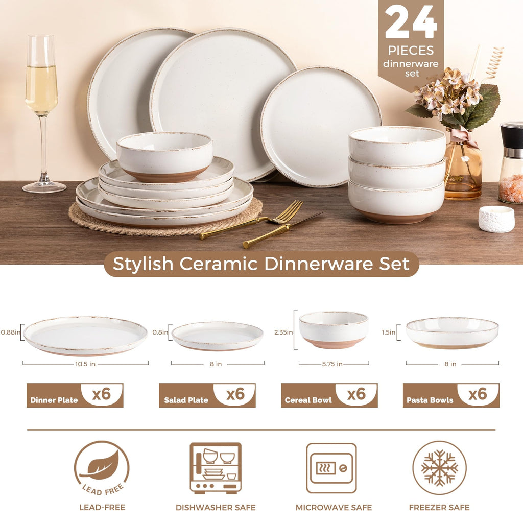 AmorArc Dinnerware Sets with Pasta Bowls for 6, Handpainted Stoneware Plates and Bowls Set with Rustic Terracotta Underside, Scratch Resistant Dishes Set, Dishwasher & Microwave Safe, 24 Pcs