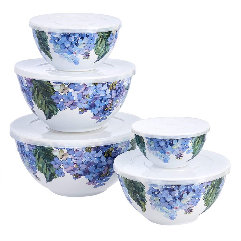 Mixing Bowls with Lids, Nesting Melamine Serving Bowls, Non-Slip Base, BPA Free, Dishwasher Safe, 5 Sizes, Blue and White Floral, Set of 10