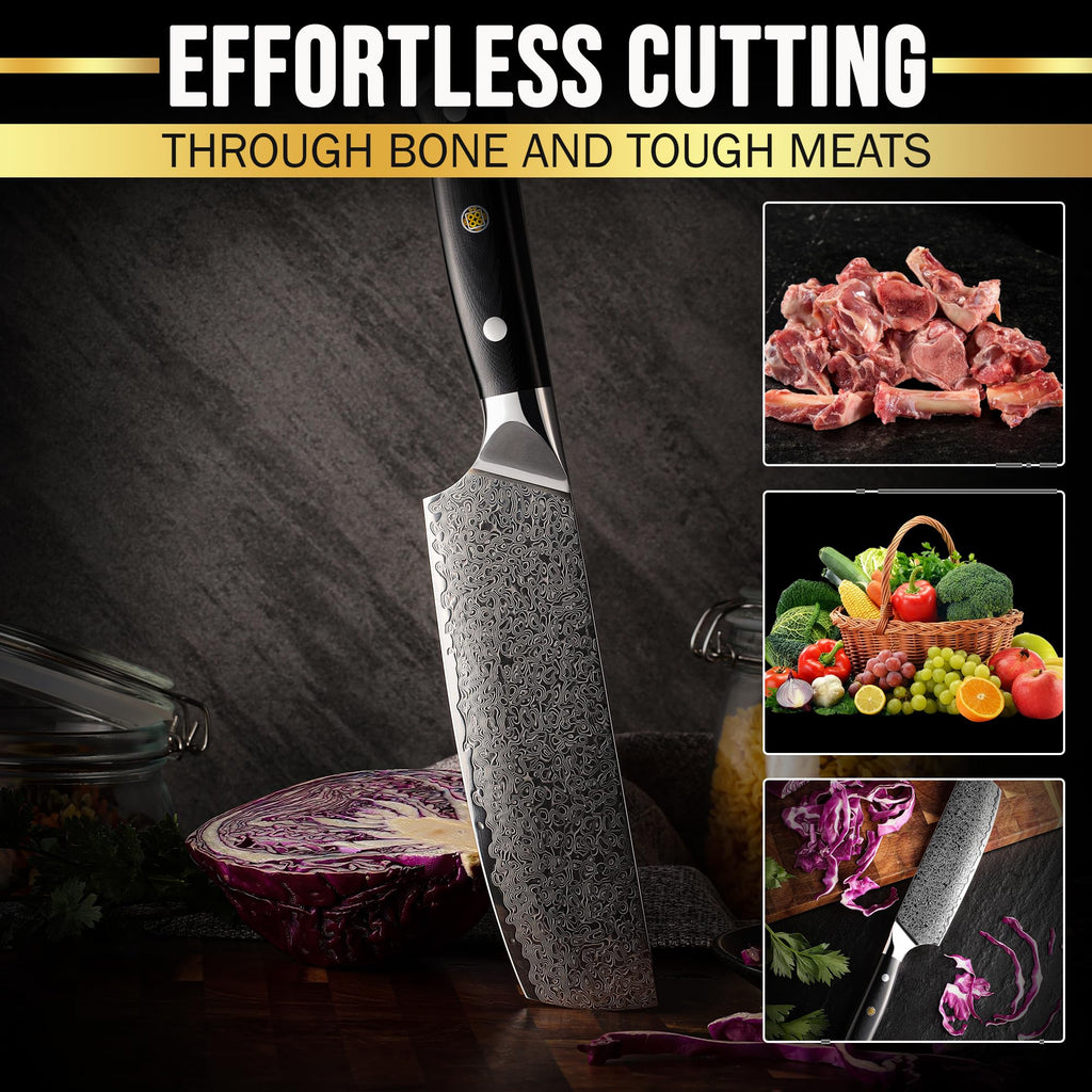 SliceElite Elite Series 7 Inch Nakiri Knife Damascus VG10 Core Forged G10 Handle Polymer Guard Japanese Chef Vegetable Chopping Cleaver Kitchen Knife Sharp Cutting Cooking Tomato Butcher Tool