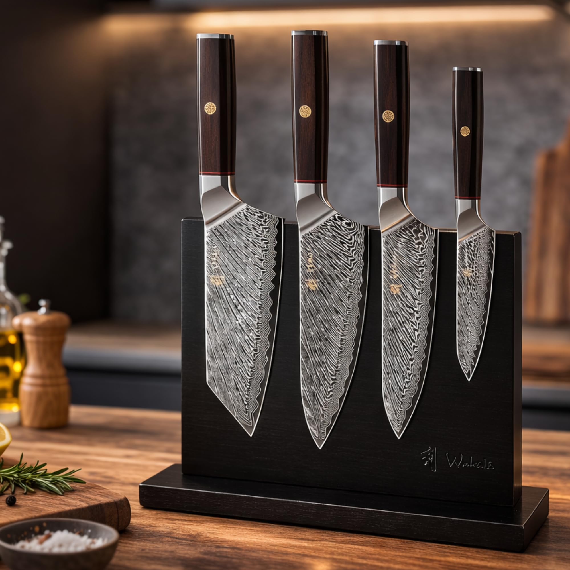 Wakoli Culinary Asia 4-Piece Asian Knife Set, VG10 Damascus, Magnetic Block