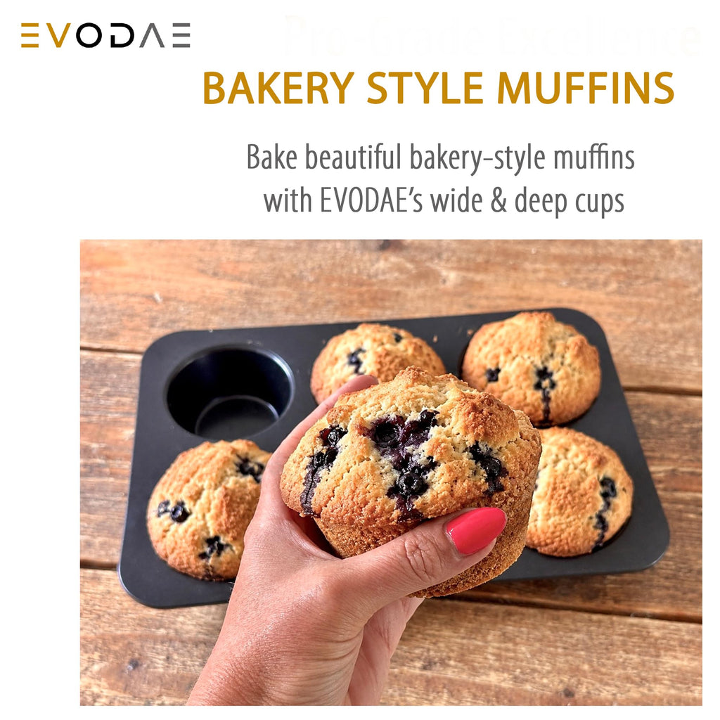 EVODAE Jumbo Muffin Pan, 2 Pack – Extra-Large Wide & Deep Cups, 12-Cup (2x6) Nonstick Carbon Steel – Texas Muffin Tin, Large Cupcake Pan – PFOA & PTFE Free, No Liners Needed, Gift Box