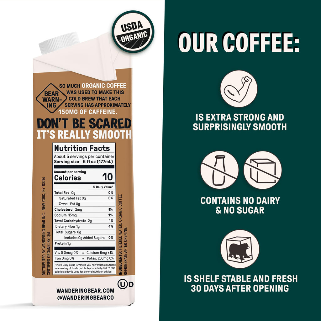 Wandering Bear Extra Strong Organic Cold Brew Coffee, Straight Black, 32 fl oz, 1 pack - Smooth, Organic, Unsweetened, Shelf-Stable, and Ready to Drink & Vegan Cold Brew.
