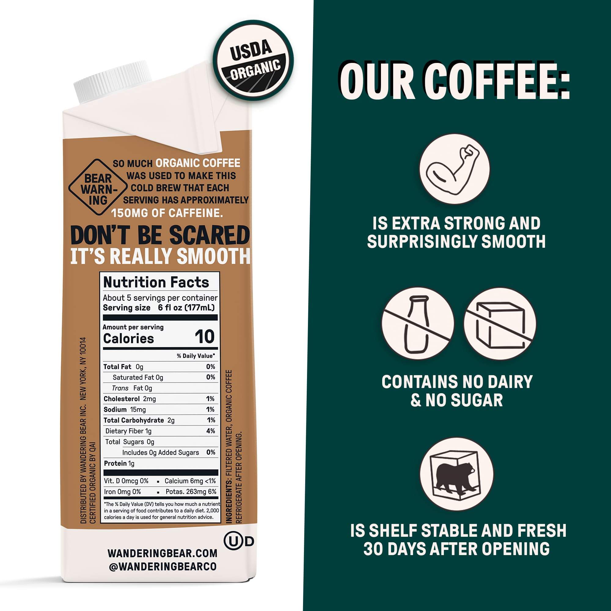 Wandering Bear Extra Strong Organic Cold Brew Coffee, Straight Black, 32 fl oz, 1 pack - Smooth, Organic, Unsweetened, Shelf-Stable, and Ready to Drink & Vegan Cold Brew.
