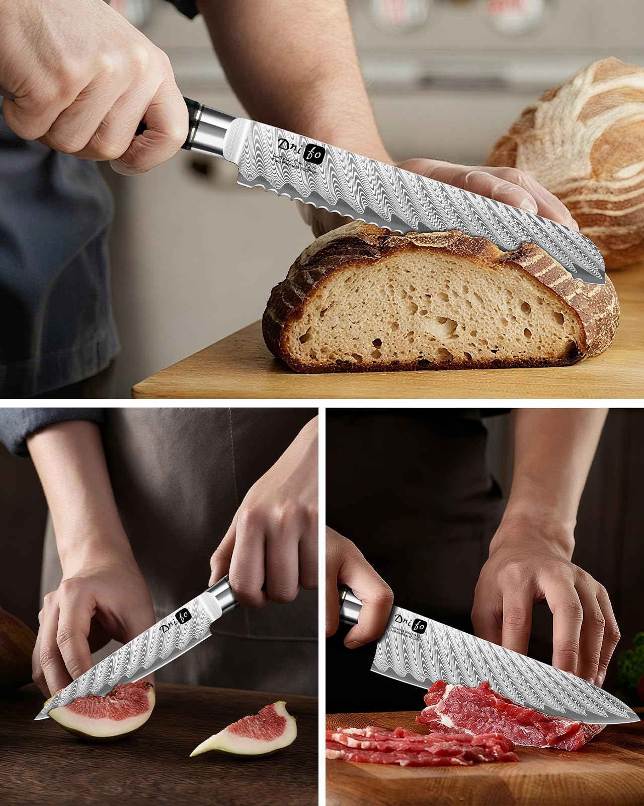 5PCS Damascus Knife Set, 5" Paring, 6" Boning, 7" Santoku, 8" Chef & Bread