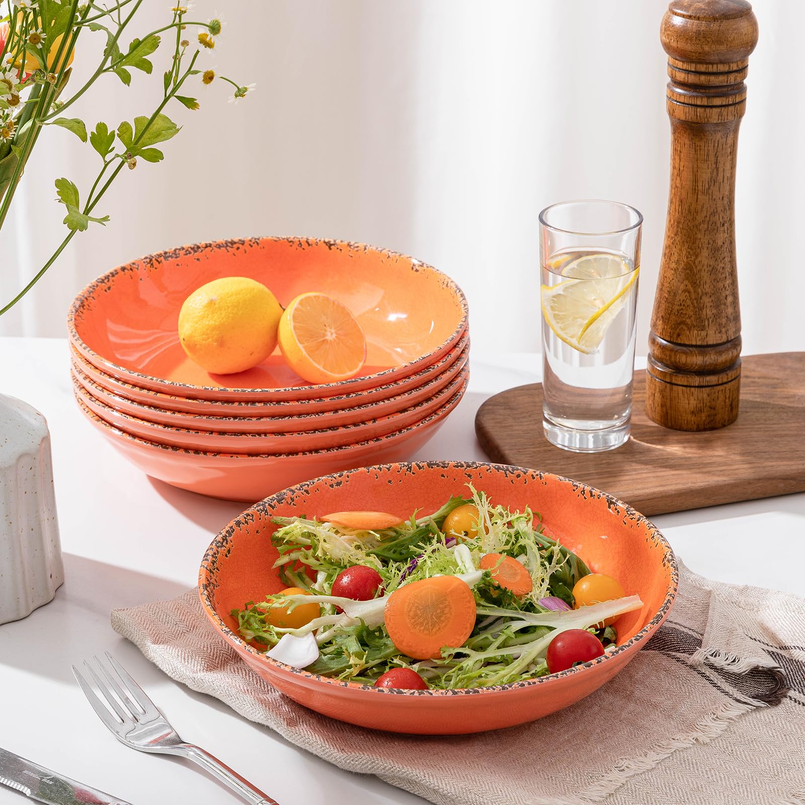 ZAROCRUS Farmhouse Melamine Pasta Bowls set, 42 OZ Large Fruit Bowl, Lightweight and Unbreakable Salad Serving Bowl, Set of 6, 9.25 inch Wide and Shallow Dinner Bowls, Dishwasher Safe,Orange…