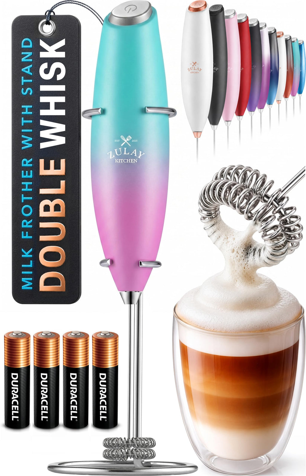 Zulay Kitchen Powerful Milk Frother Wand With Duracell Batteries - Ultra Fast Handheld Drink Mixer - Electric Whisk Foam Maker for Coffee, Lattes, Cappuccino & Matcha - Z1 Motor - Aqua