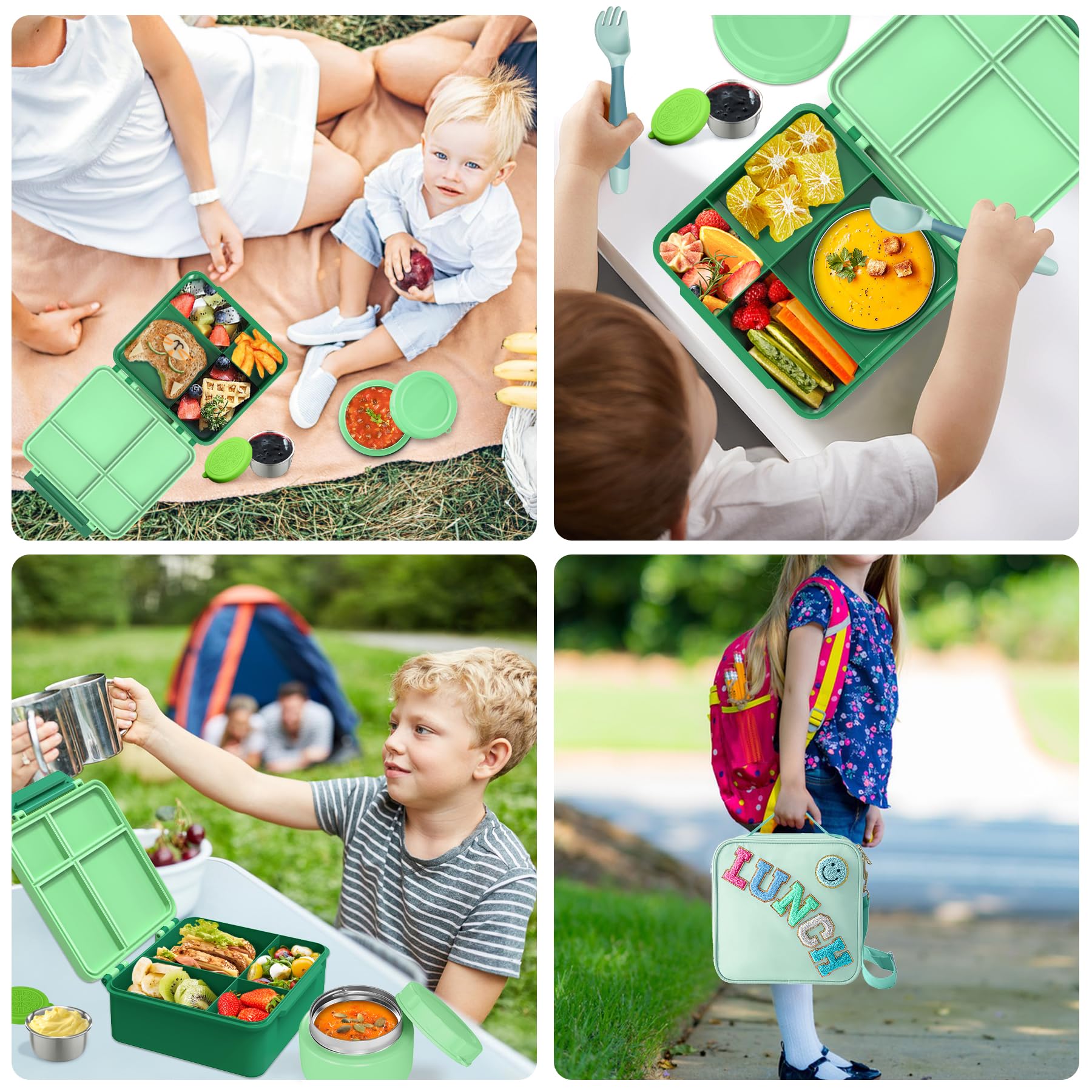 Aimsnk Lunch Box Kids with Thermo Insulated Lunch Bag for School, Green