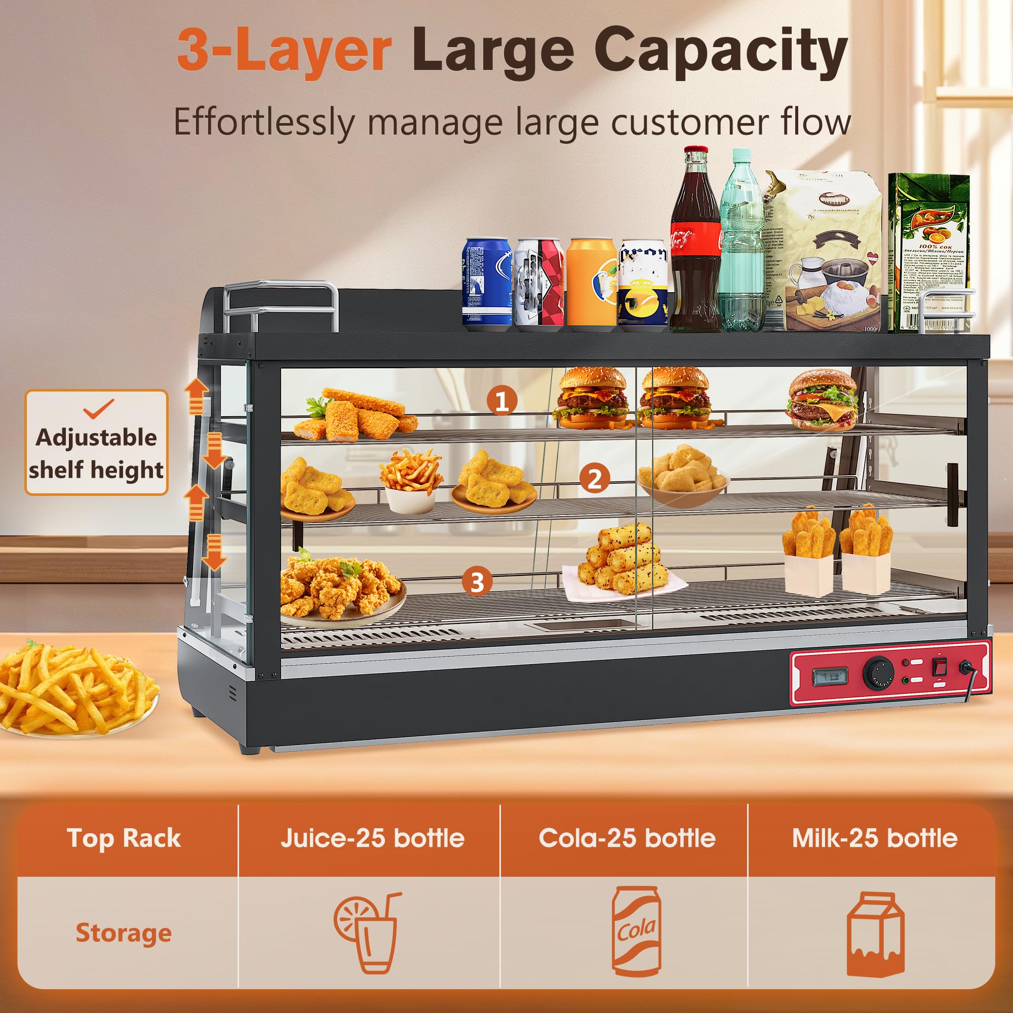 Whalefall 3-Tier Food Warmer with top Holder,tri-Color Lighting