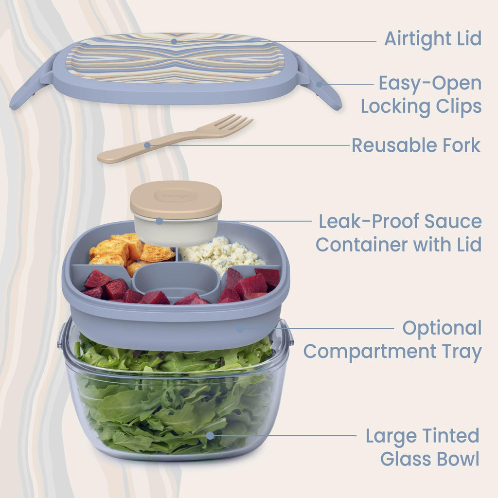 Bentgo Glass Prints Salad Container - 7.6-Cup Tinted Glass Salad Bowl with Airtight Lid, Leak-Proof Sauce Container, 4-Compartment Bento Meal Prep Tray & Reusable Fork (Wildly Chic - Soft Blue)