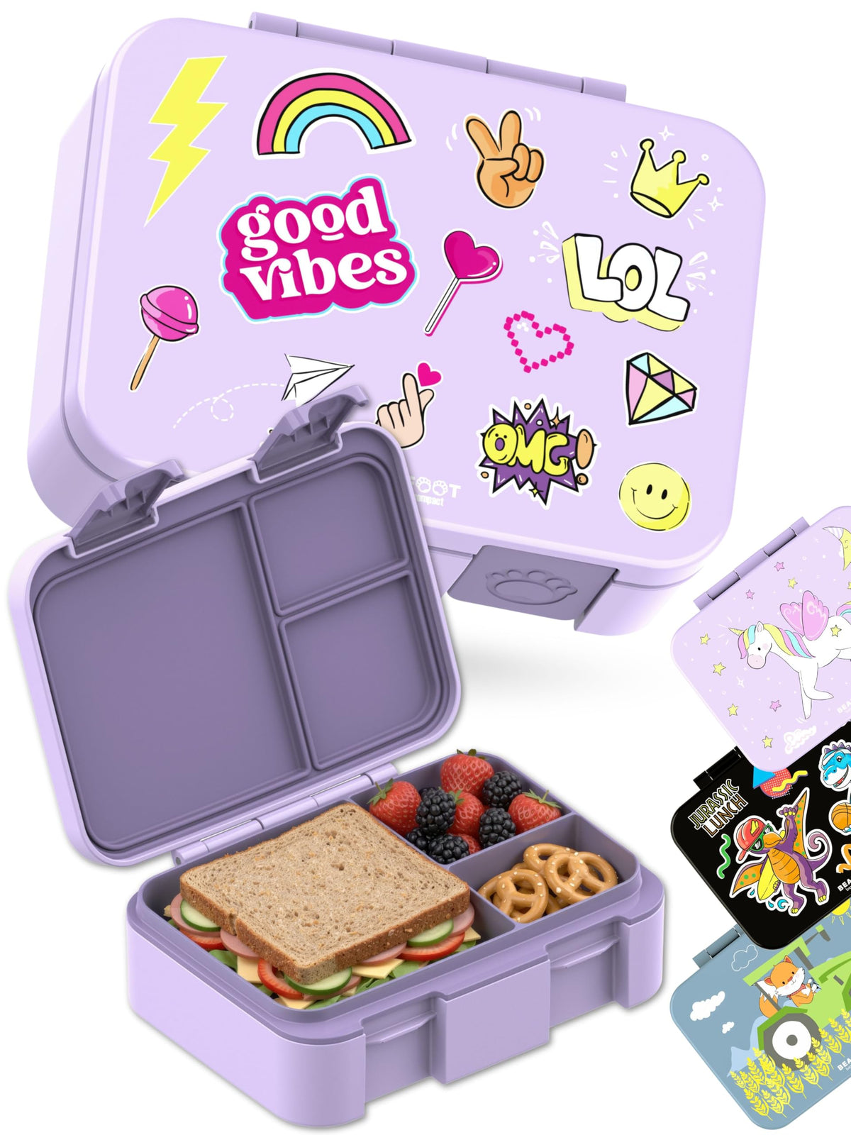 BEARFOOT Kids Lunch Box with Compartments – Compact & Lightweight | Leak-Proof, BPA-Free, Dishwasher Safe | Hand-Drawn Design for Preschool, School, Travel (Sticker Purple, 2.75 Cups)
