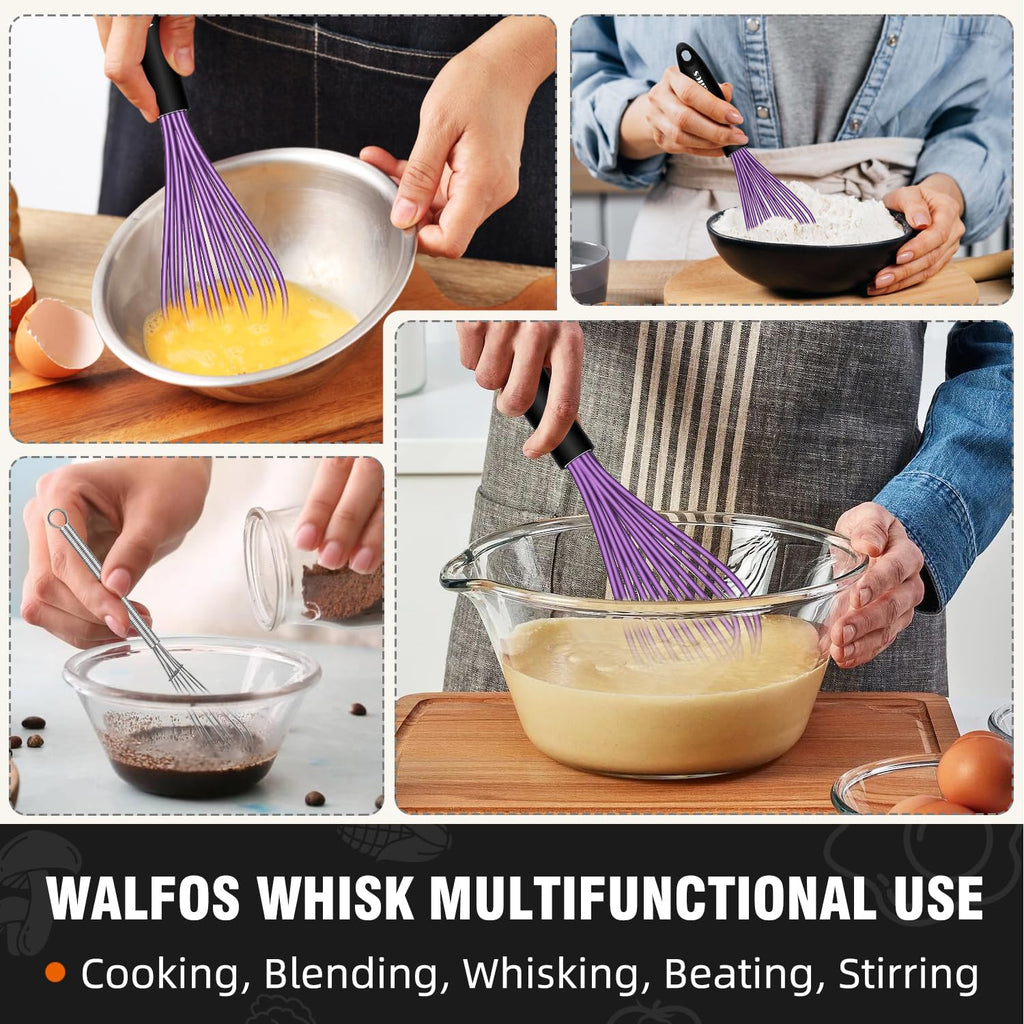 Walfos Whisk, Silicone Whisks Set of 5, Mini Stainless Steel Whisk 7+5in & Non Scratch Coated 7+9+11in Whisks, Suitable for Blending, Whisking, Beating, Frothing & Stirring. (Purple)