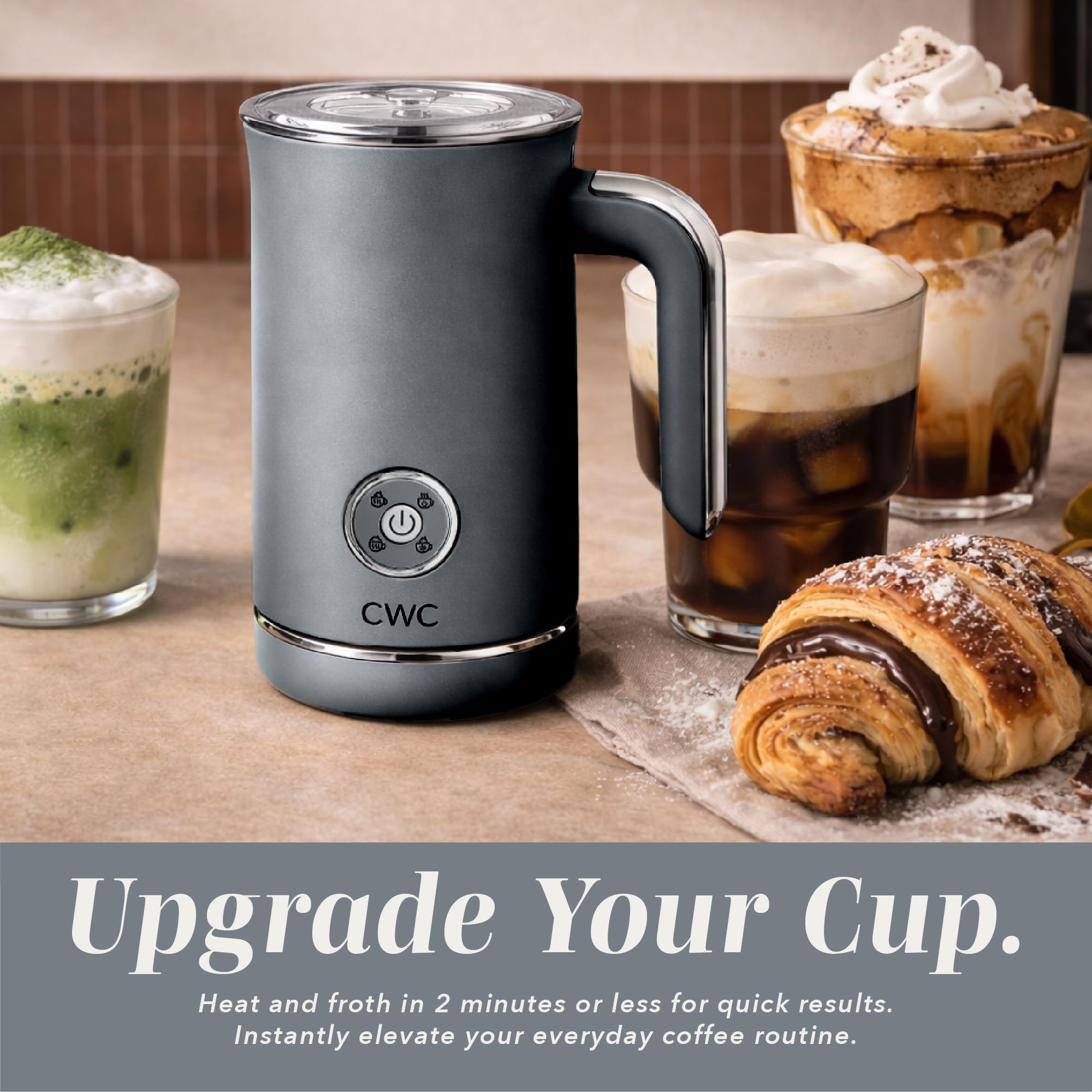 COOK WITH COLOR 4-in-1 Electric Milk Steamer and Frother - 2-Minute Heating and Frothing, Hot and Cold Foam Maker for Coffee, Latte, Cappuccino, Macchiato, Milk Warmer, Auto Shut Off, Grey