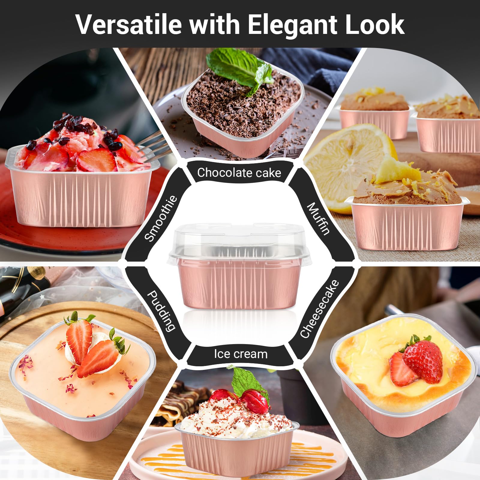 EUSOAR Disposable Ramekins, 50pcs 10oz Rose Gold Creme Brulee Ramekins Disposable Muffin Cups for Baking, Mini Cake Pans with Lids Loaf Bread Containers Cupcake Liners for Party Favor Birthday
