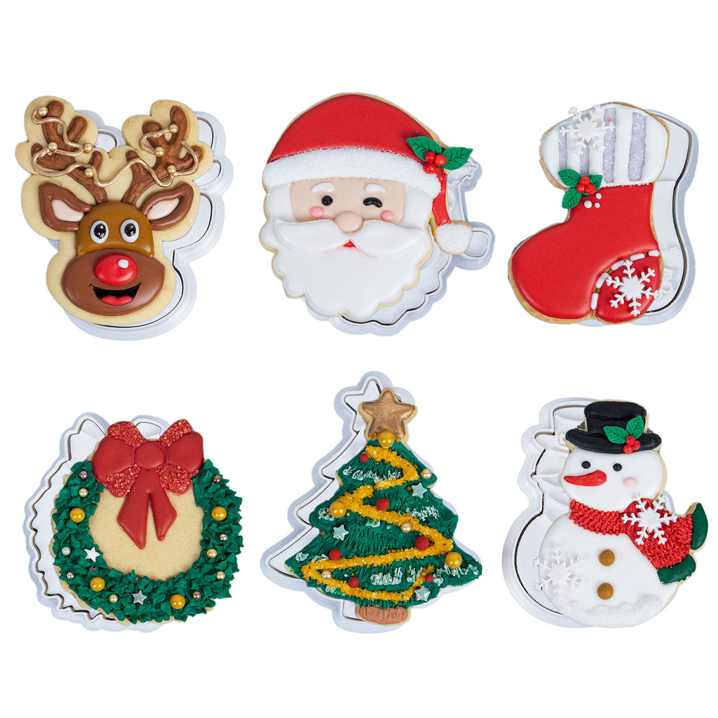 Flycalf Christmas Cookie Cutters Nutcracker Shapes with 3D Stamper Fall Holiday PLA Baking Accessories Cutter Molds Gifts for Kids Decorative Party 3.5" Kitchen Cake Supplies