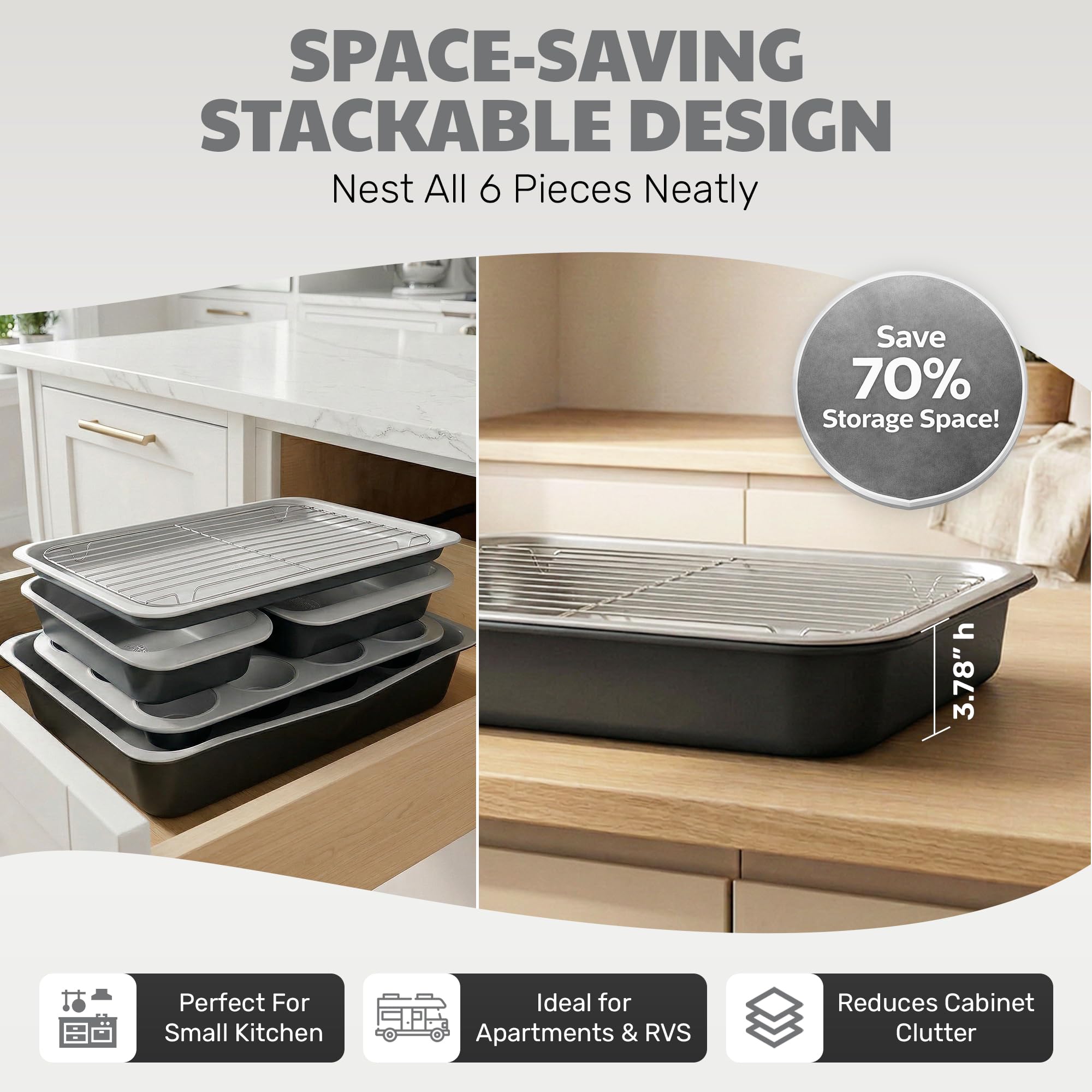 Gotham Steel 6 Pc Stackable Baking Pans Set, 70% Space Saving Design, Ceramic Bakeware Sets Non Toxic Made Without PFOA PFOS, with Cookie Sheet Tray, Cake & Muffin Pans, Oven & Dishwasher Safe