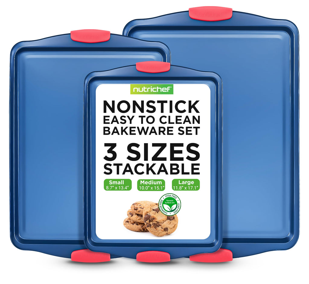 NutriChef 8-Piece Bakeware Set - Nonstick Carbon Steel Baking Pans with Red Silicone Handles, Blue Coating, Durable & Stain-Resistant, Perfect for Baking Cakes, Muffins, Cookies (Blue)