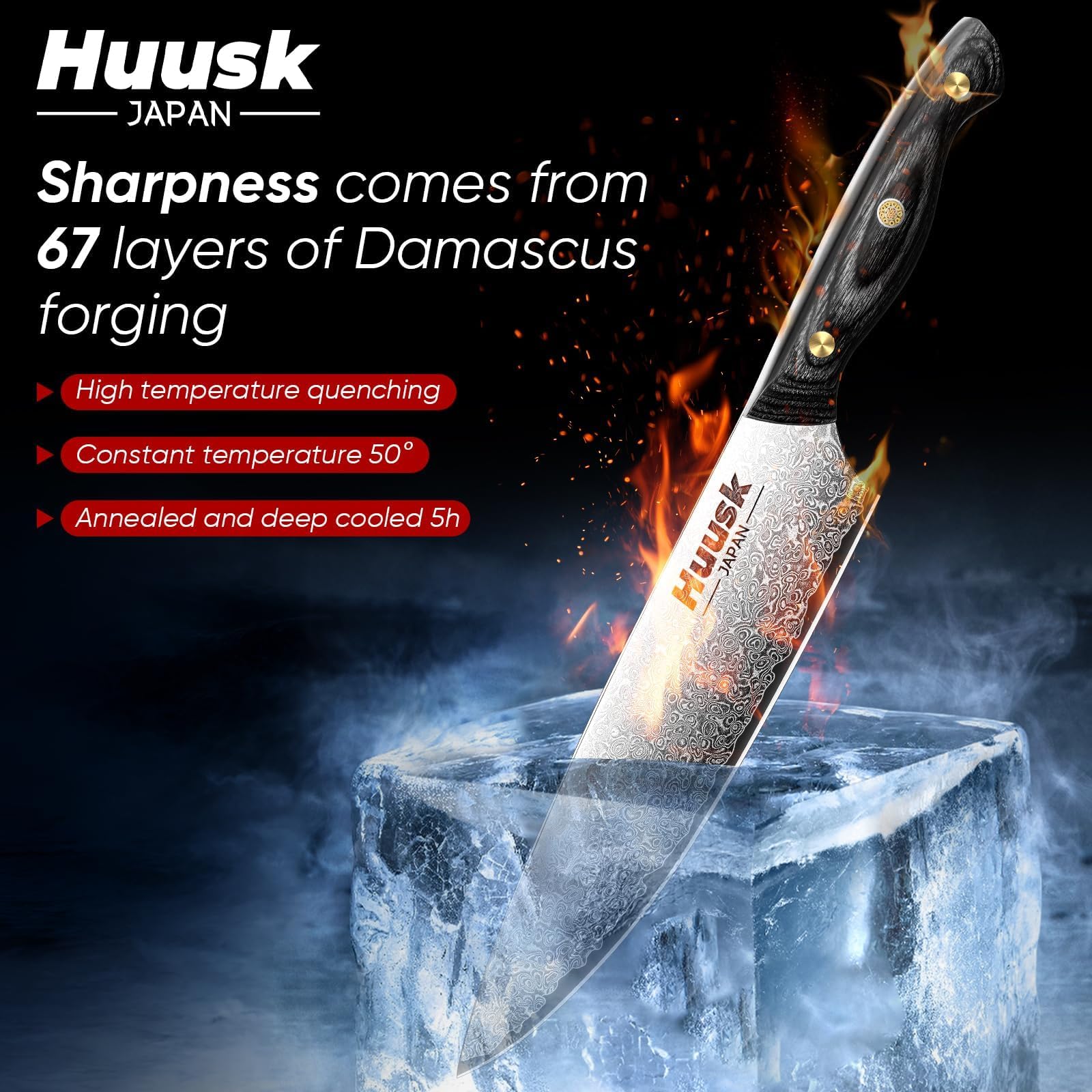 Huusk Damascus Chef Knife Set 3 PCS - Santoku Knives Set