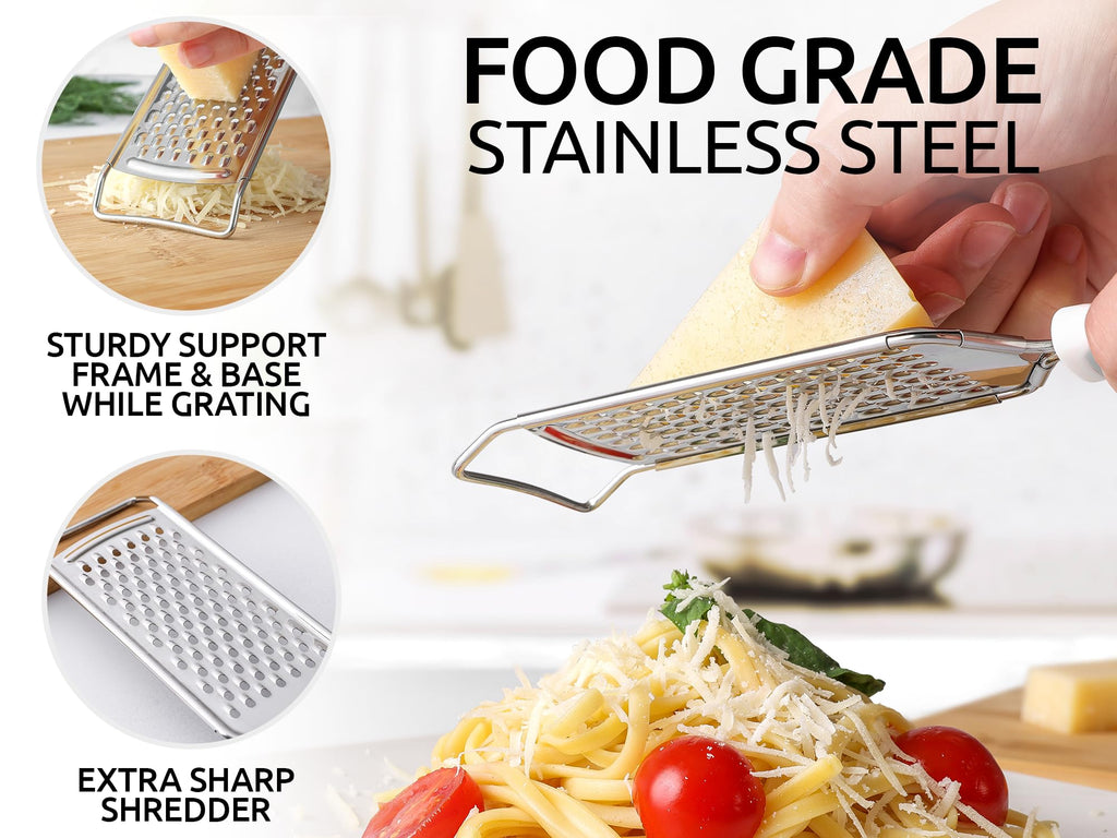 Zulay Kitchen Professional Cheese Grater Stainless Steel - Durable Rust-Proof Metal Lemon Zester Grater With Handle - Flat Handheld Grater For Cheese, Chocolate, Spices, And More - White