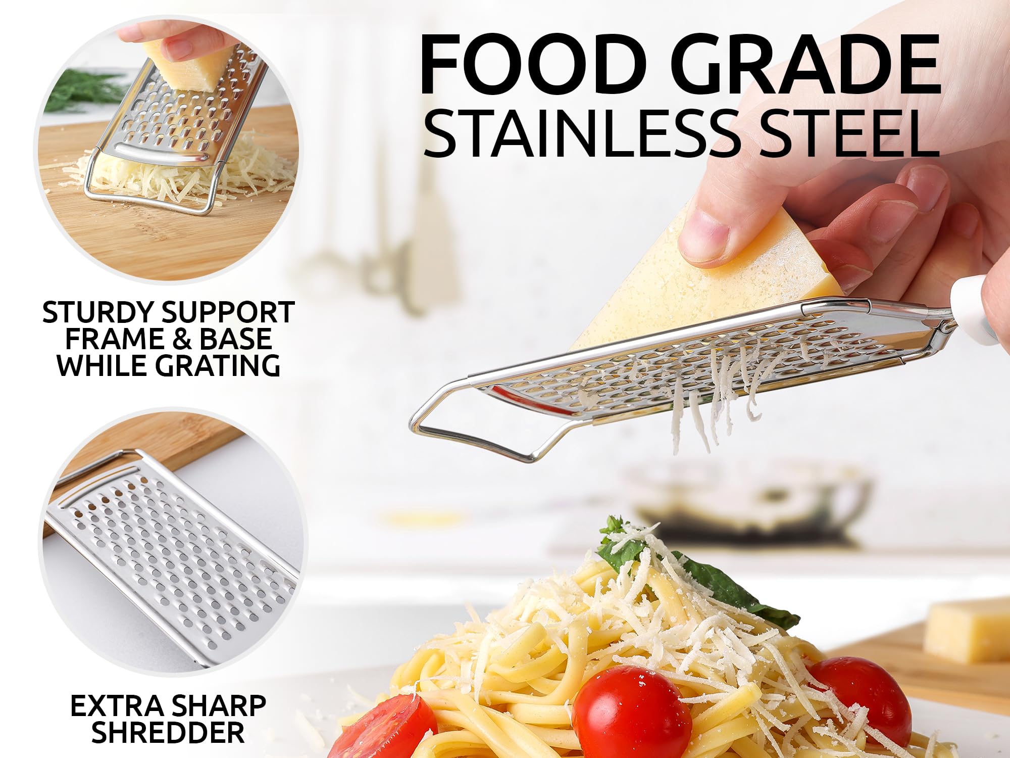 Zulay Kitchen Professional Cheese Grater Stainless Steel - Durable Rust-Proof Metal Lemon Zester Grater With Handle - Flat Handheld Grater For Cheese, Chocolate, Spices, And More - White