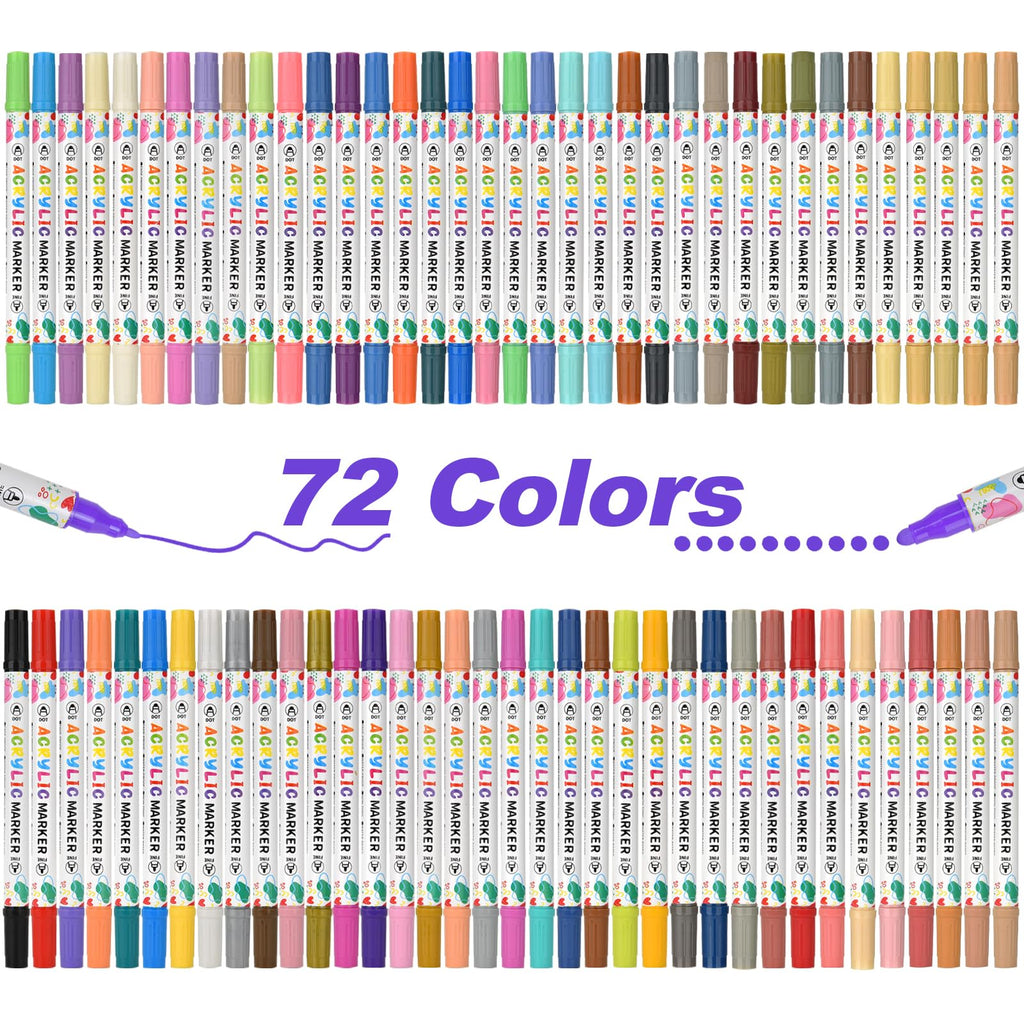 KEMYR 72 Colors Acrylic Paint Pens, Dual Tip Acrylic Paint Markers for Paper, Wood, Canvas, Stone, Rock Painting, Glass, Fabric, DIY, Ceramic, Art Supplies for Adults Drawing (Dot + Fine)