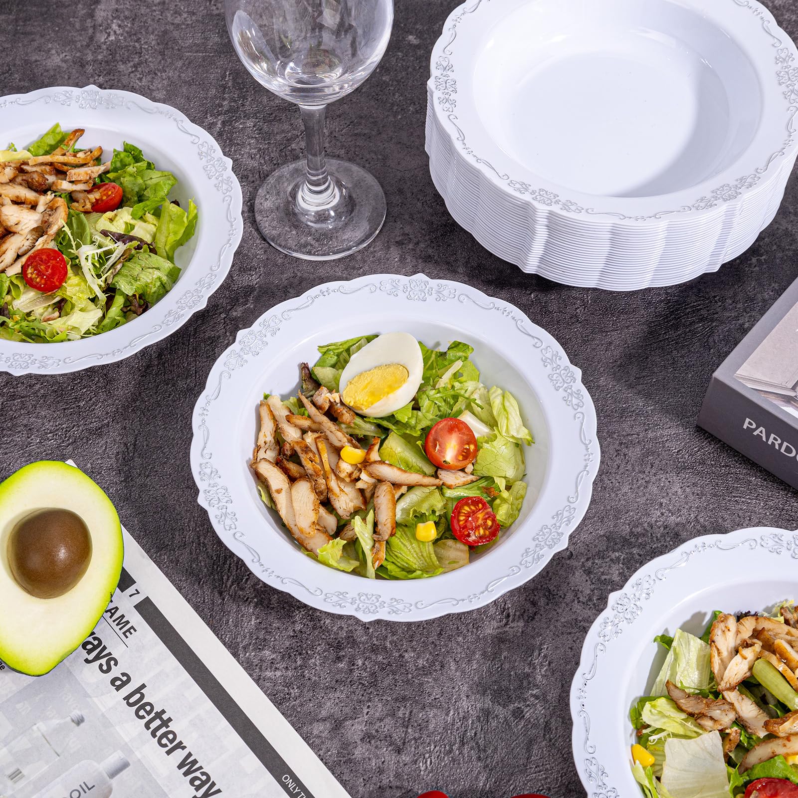 DaYammi 30 Pack Plastic Bowls with Silver Rim, 12oz Disposable Soup Bowls, Silver Bowls Disposable Heavy Duty Dinner Bowls for Weddings,Plastic Serving bowls Parties,Dinners,Catering and Everyday Use
