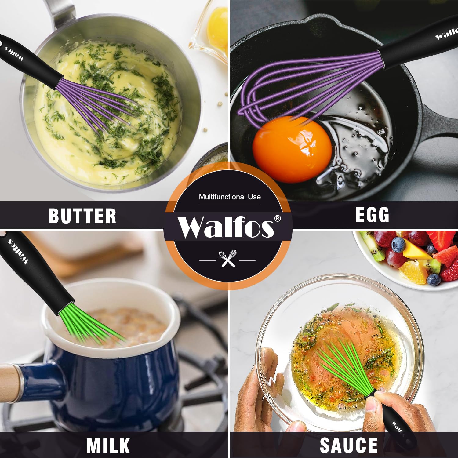 Walfos Whisk,5+7Inch Mini Whisks,Silicone Non Scratch whisk,Heat Resistant(480°F) Small whisks Suitable for stirring individual eggs and mixing small amounts of powder and sauce. Purple & Green