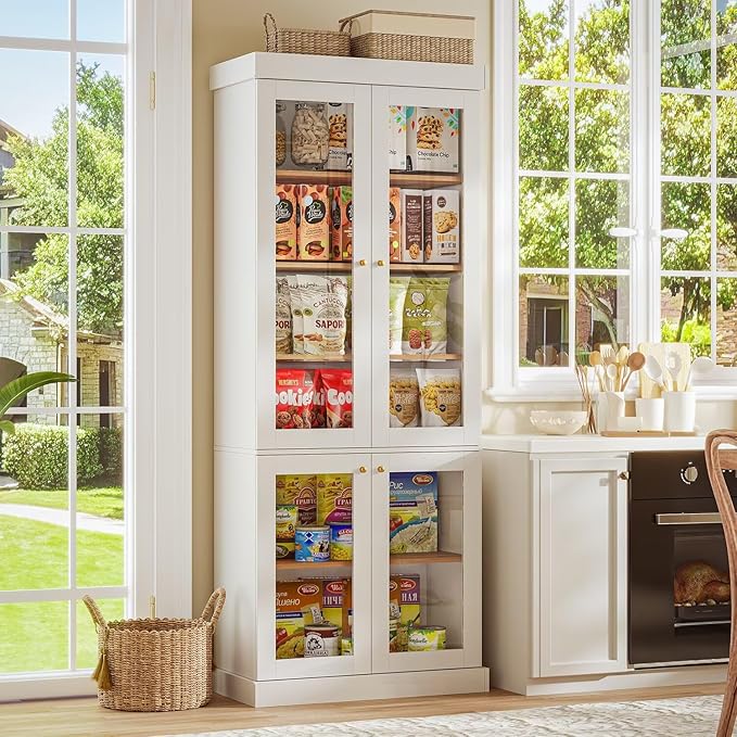 70.8" Tall Farmhouse Kitchen Pantry Cabinet with Glass Doors, Modular Wooden Storage Cabinet with 6-Tier Adjustable Shelves, Hutch for Kitchen or Living Room, White, Set of 3