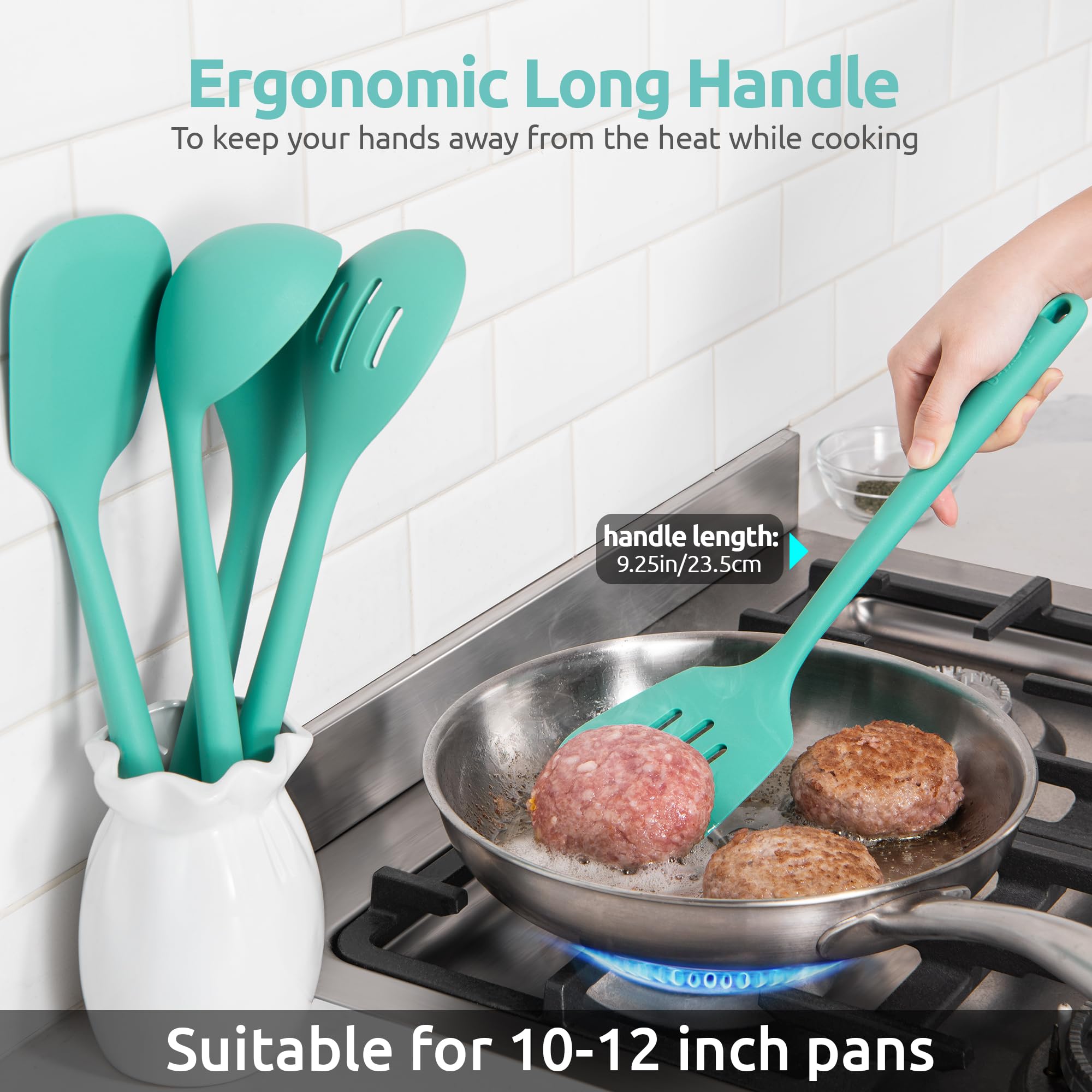 U-Taste Silicone Kitchen Cooking Utensil Set of 5, 13.6" Long, Aqua Sky