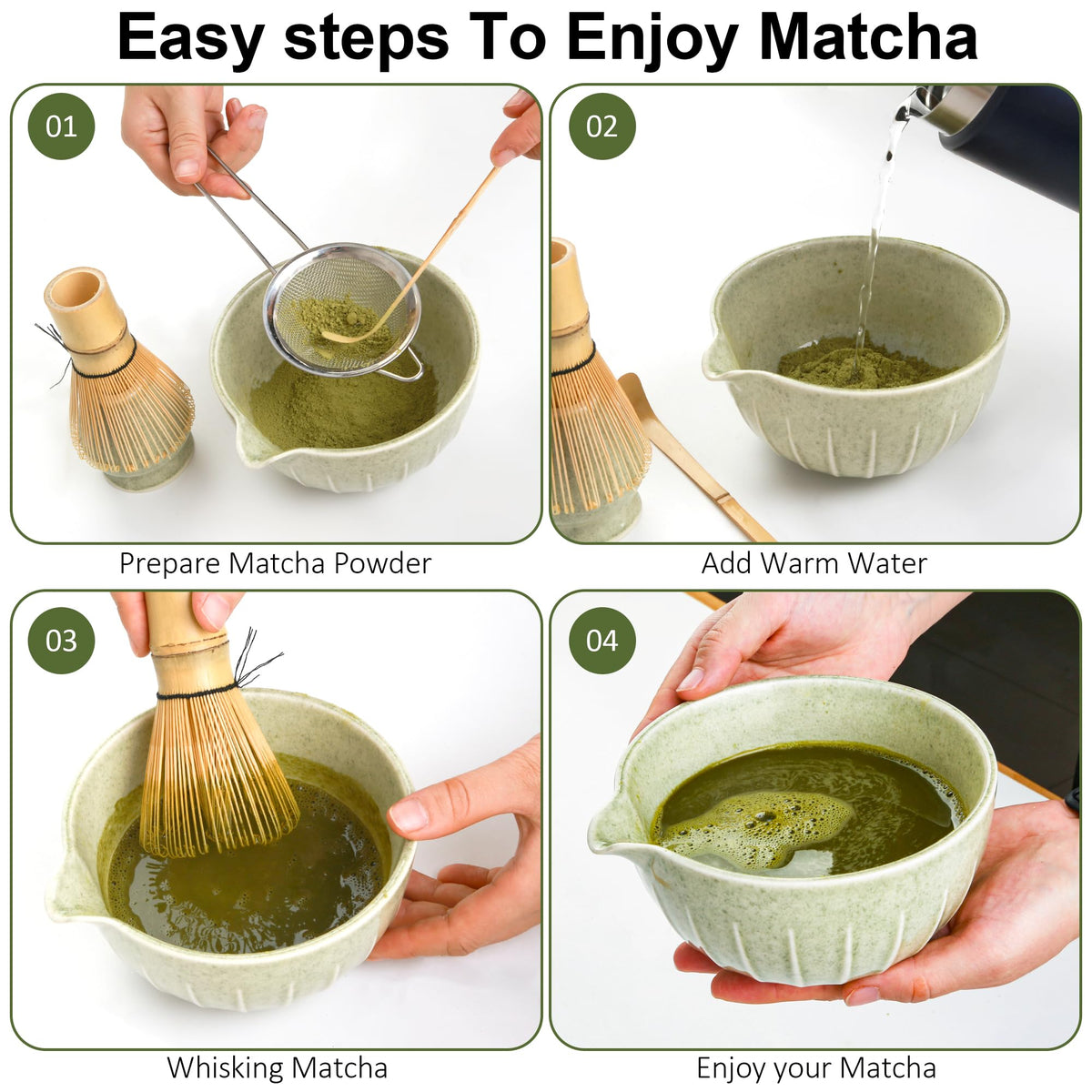 Matcha Bowl and Tea Whisk Set, 7-Piece Collection: 19-ounce ceramic bowl, whisk stand, bamboo scoop with scoop holder, tea strainer, and tea towel. Complete matcha ceremony set.