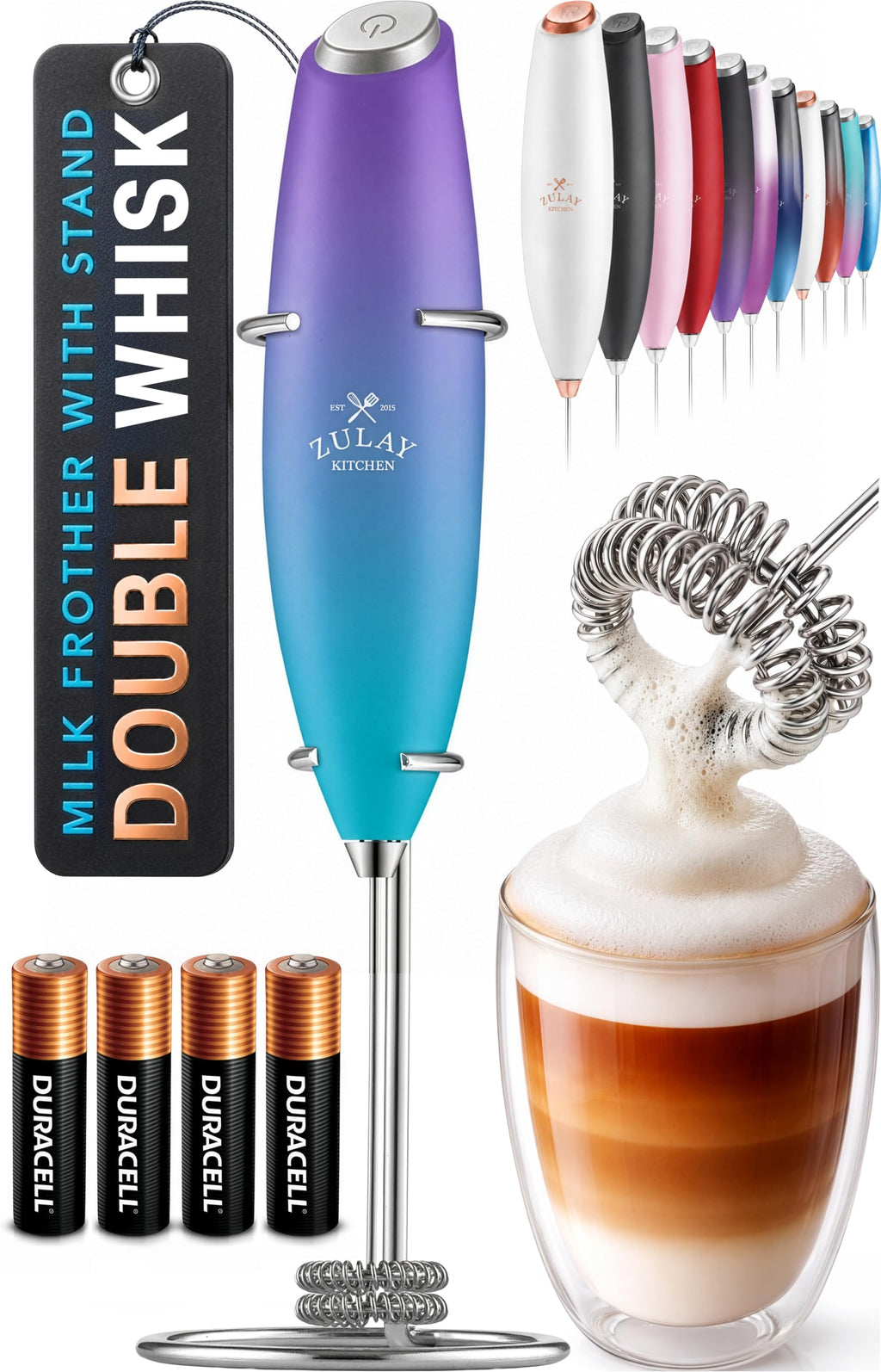Zulay Kitchen Powerful Milk Frother Wand With Duracell Batteries - Ultra Fast Handheld Drink Mixer - Electric Whisk Foam Maker for Coffee, Lattes, Cappuccino & Matcha - Z1 Motor - Aqua