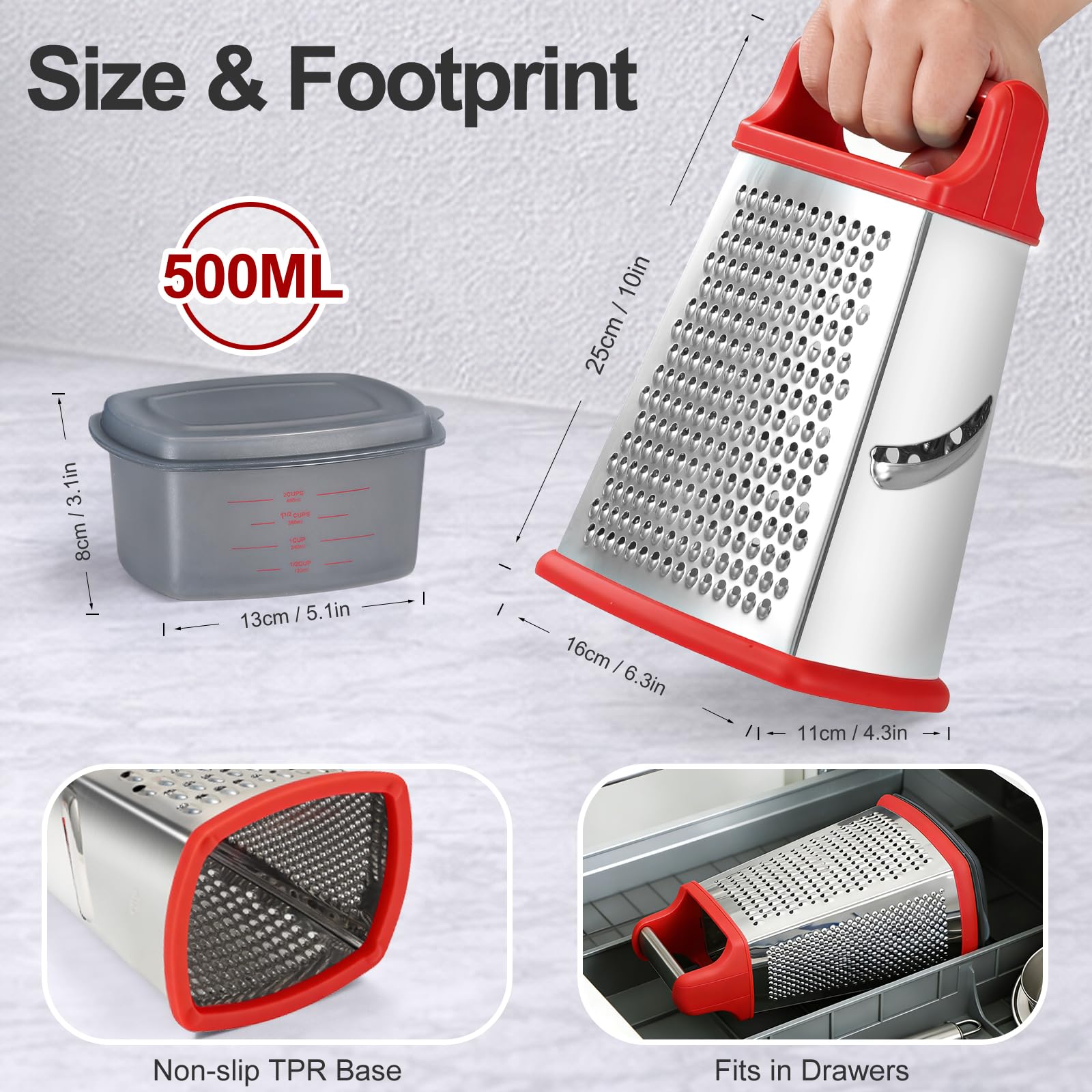 Ourokhome Cheese Grater with Handle, Stainless Steel Box Grater, 4 Side Kitchen Vegetable Shredder Slicer Zester with Container for Parmesan, Cabbage, Ginger, Lemon, Chocolate, Coconut (Red)