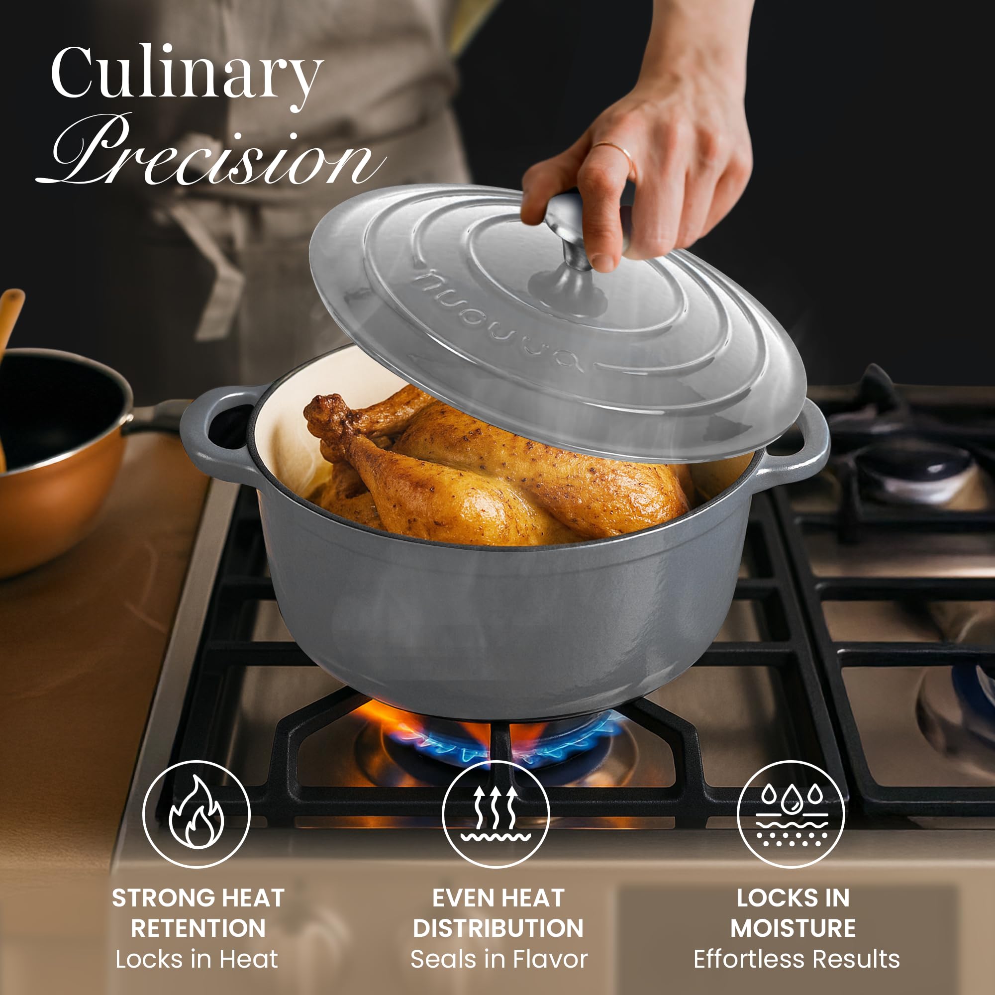 Cast Iron Dutch Oven with Lid - Non-Stick Ovenproof Enamelled Casserole Pot- Sturdy Dutch Oven Cookware - Grey, 7.3- Quart, 30cm- by Nuovva