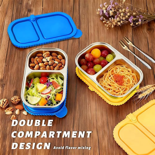 2 Pack Stainless Steel Snack Containers for Kids & Adults - Reusable 2 Compartment Snack Containers with Leakproof Silicone Lids, Divided Meal Prep Lunch Box Food Container for School, Office, Travel