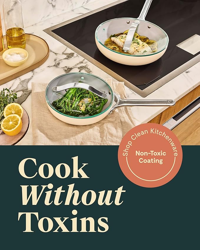 Caraway Ceramic Nonstick Fry Pan Set with Glass Lids – Includes Two 10.5” Fry Pans, One 8” Fry Pan, & Three Lids - Non Toxic, PTFE & PFOA Free - Oven Safe & Compatible with All Stovetops - Navy