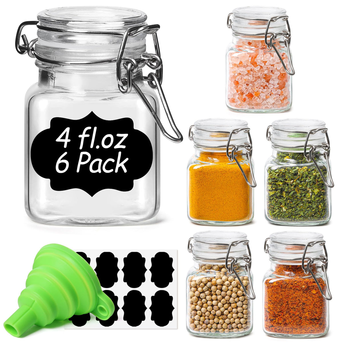 ComSaf Square Small 8 oz Glass Spice Jars with Airtight Lids 6 Pack Pantry