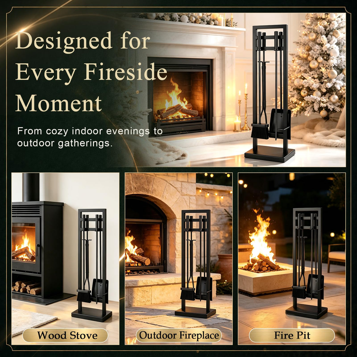 FEED GARDEN 5-Piece Fireplace Tool Set, 30" One-Piece Stand, Wrought Iron