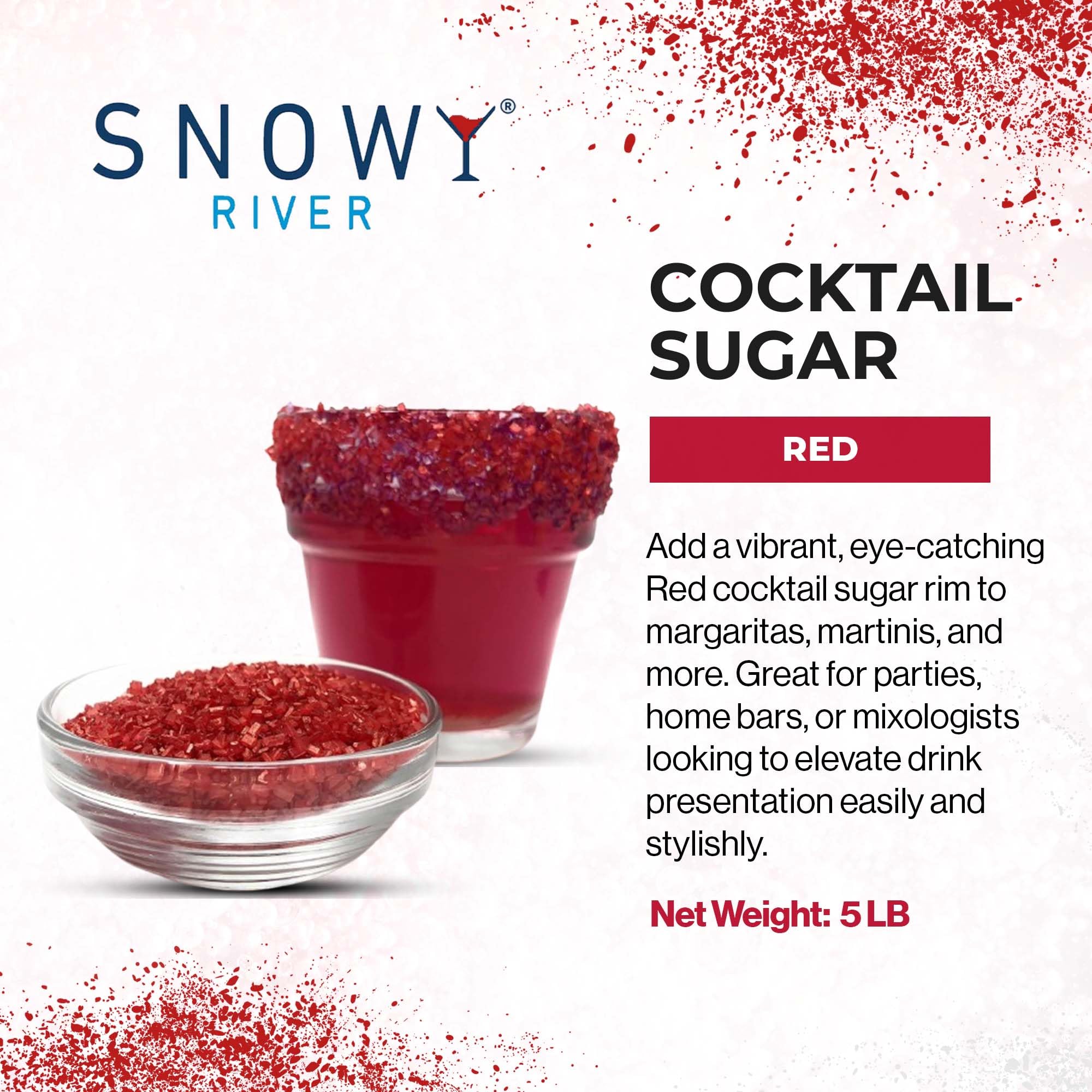 Snowy River Natural Cocktail Sugar Rimmer - Kosher Certified Naturally Colored Beverage Rimming Sugar for Cocktails, Margaritas, Drinks (Red, 80oz)