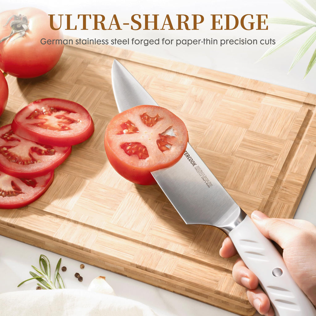 Knife Set, Astercook Kitchen Knife Set with Block, 15 Pcs Luxurious High Carbon German Stainless Steel Knives Set with Full Tang Ergonomic Handle, Dishwasher Safe Knife Set with Sharpening Rod, White