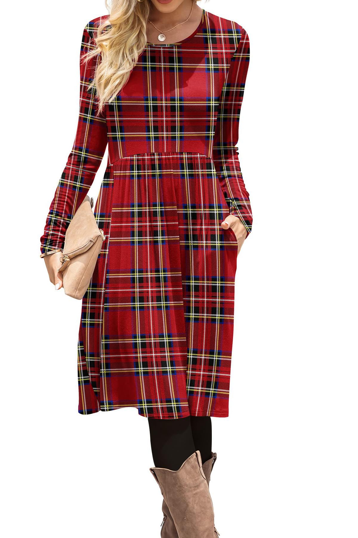 DB MOON Womens Casual Long Sleeve Dresses Empire Waist Knee Length Loose Dress with Pockets (DBL Red Plaid, L)
