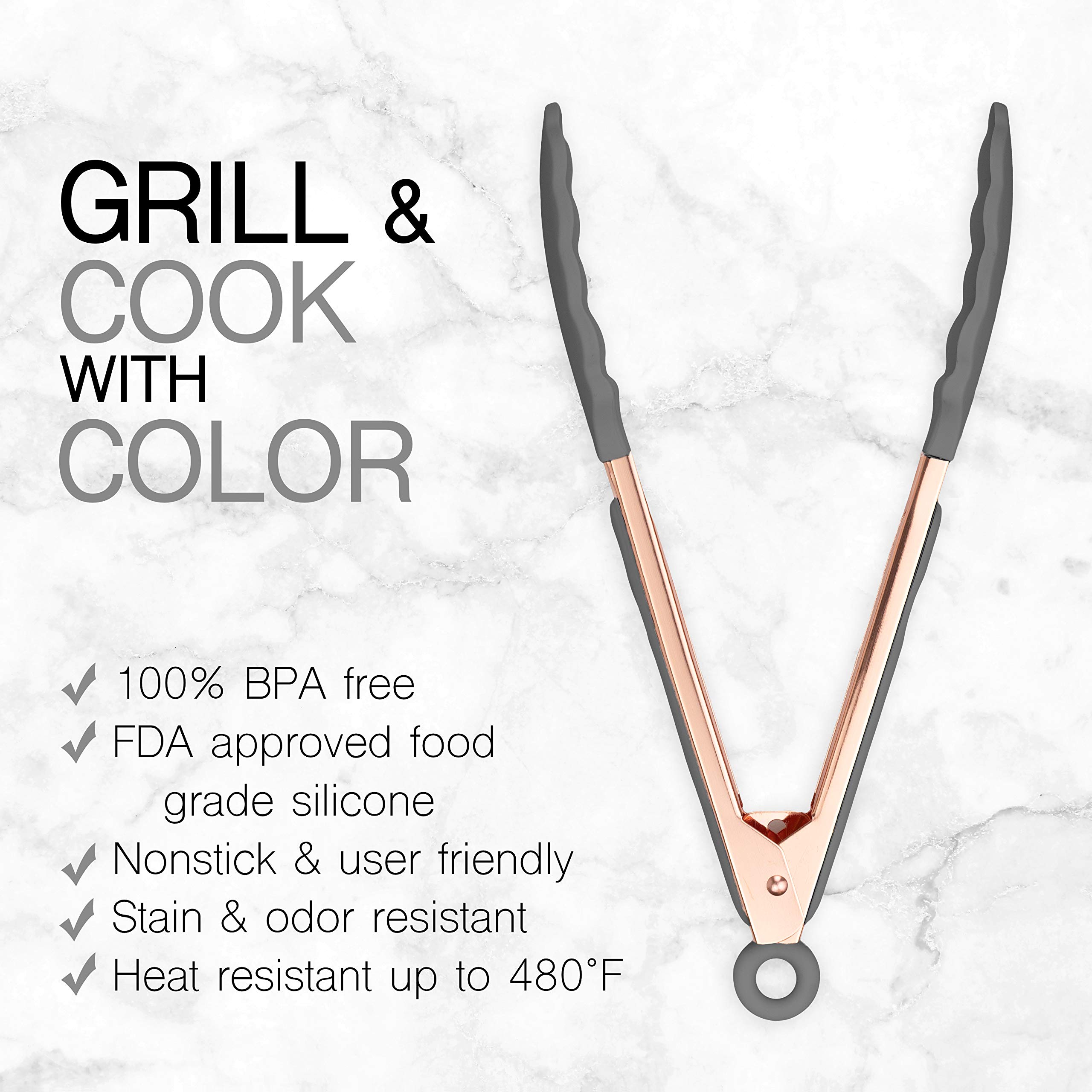 COOK WITH COLOR Stainless Steel Silicone Tipped Kitchen & BBQ Tongs Set, 2 Pc Tongs, Grey