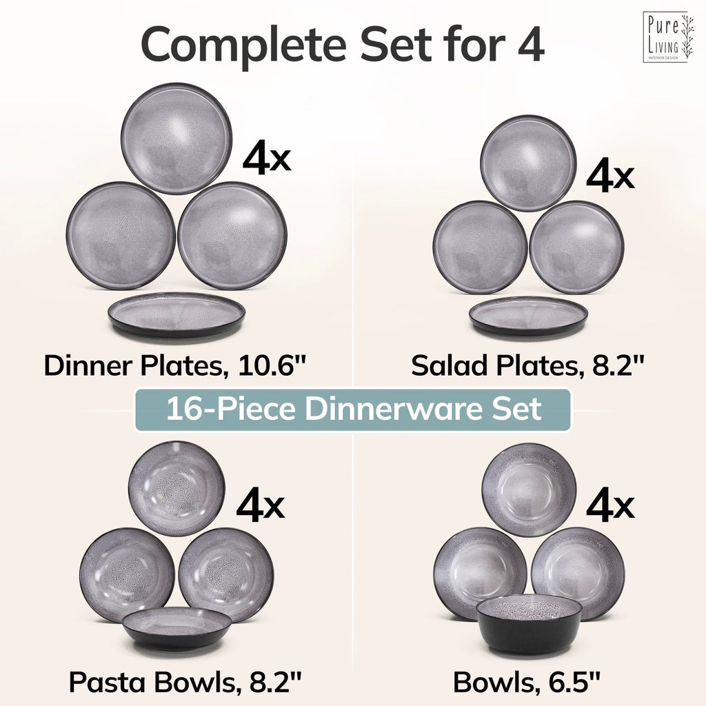 16 Piece Stoneware Dinnerware Set for 4 - Handmade Reactive Glaze Plates and Bowls Set - Chip & Scratch Resistant Dish Set - Dishwasher Microwave Safe - Dark Gray