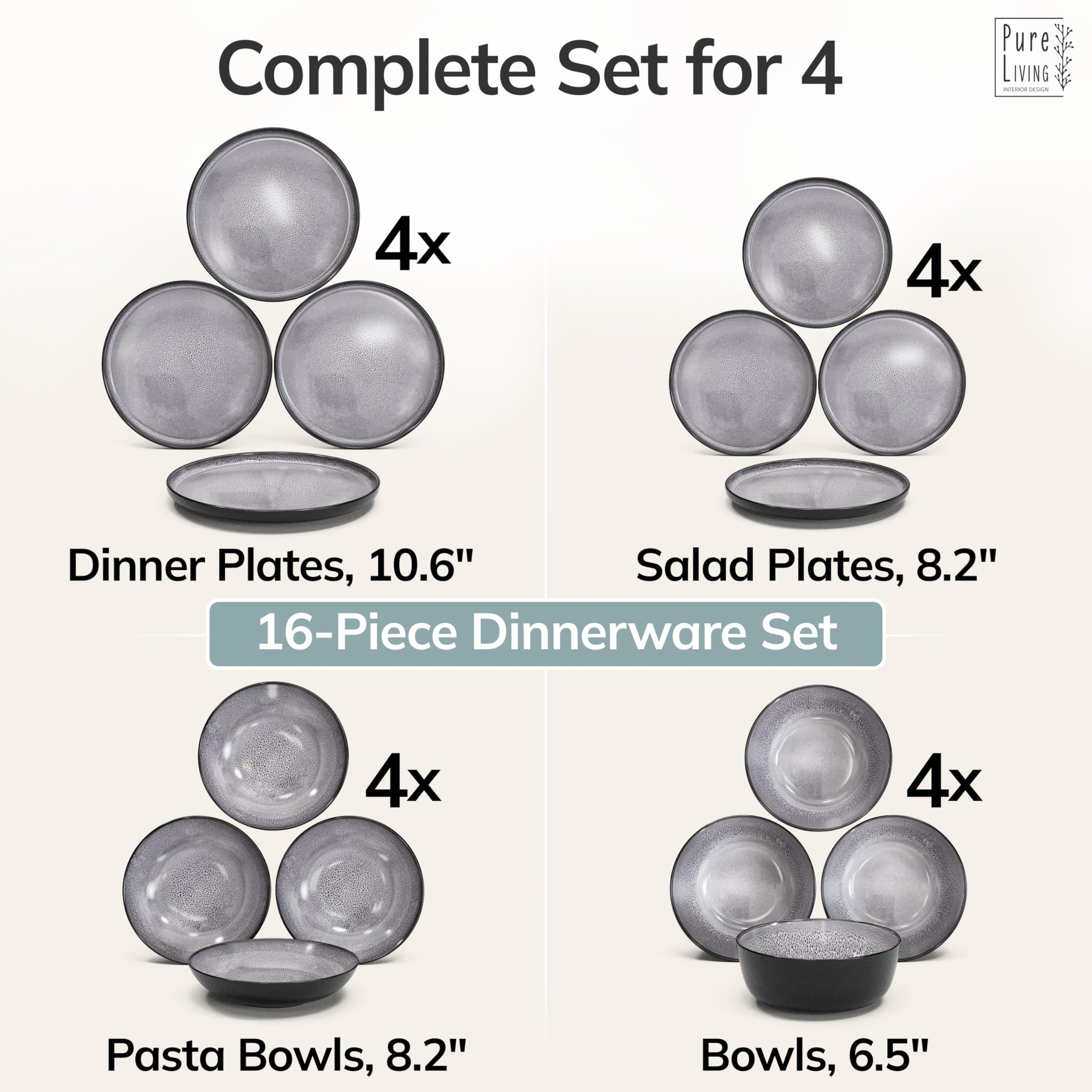 16 Piece Stoneware Dinnerware Set for 4 - Handmade Reactive Glaze Plates and Bowls Set - Chip & Scratch Resistant Dish Set - Dishwasher Microwave Safe - Dark Gray