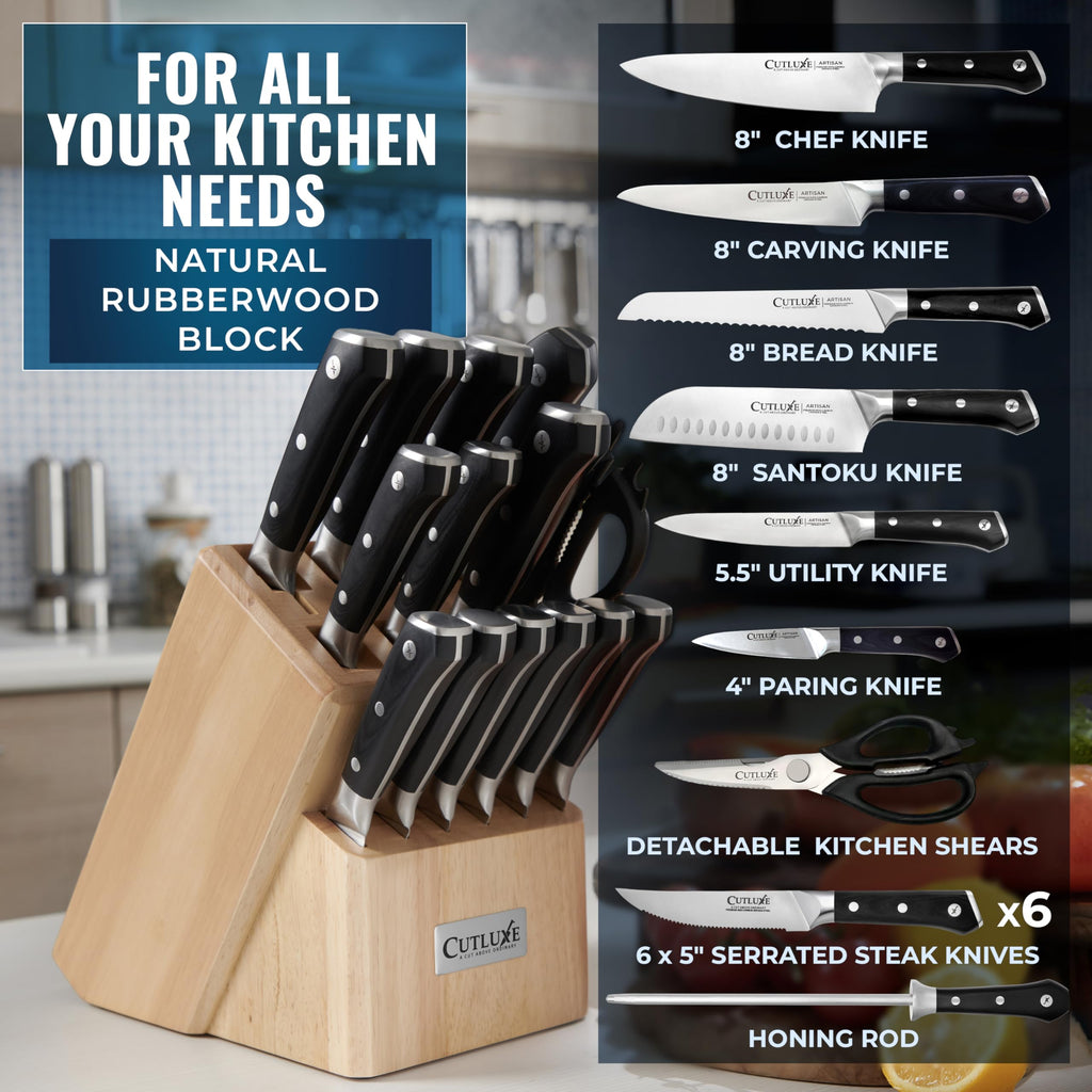 Cutluxe 15-Piece Knife Set for Kitchen – Rubberwood Block, German Steel