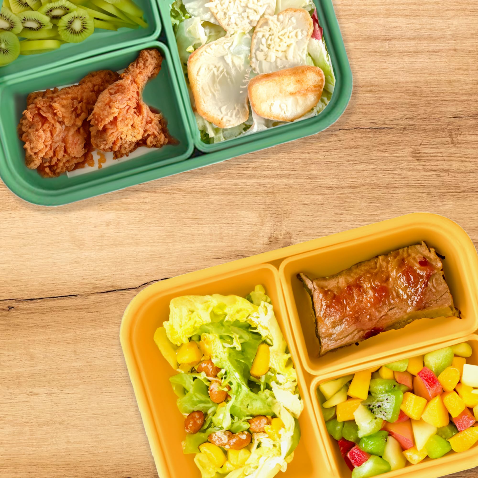Versatyle Platinum Silicone Bento Lunch Box Set of 2 – 3 Compartments, Leakproof, Versatile, Durable, Microwave & Freezer Safe, Meal Prep, Food Storage for All Ages (Watermelon Green & Gold Honey)
