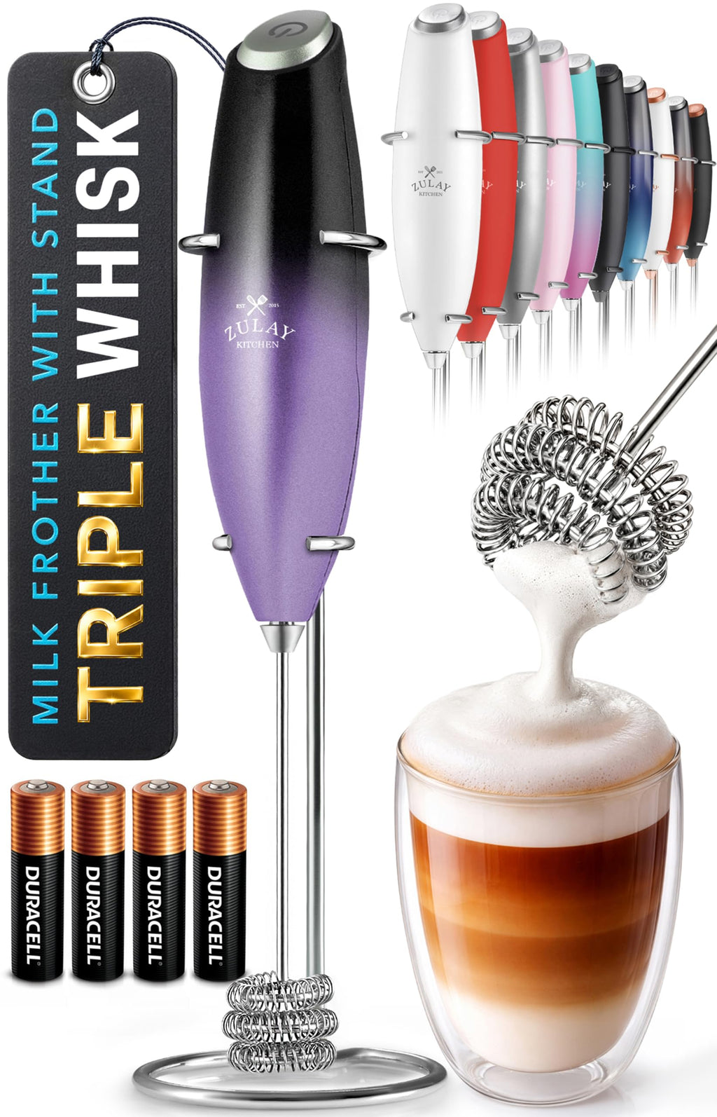 Zulay Kitchen Powerful Milk Frother Wand With Duracell Batteries - Ultra Fast Handheld Drink Mixer - Electric Whisk Foam Maker for Coffee, Lattes, Cappuccino & Matcha - Z1 Motor - Aqua