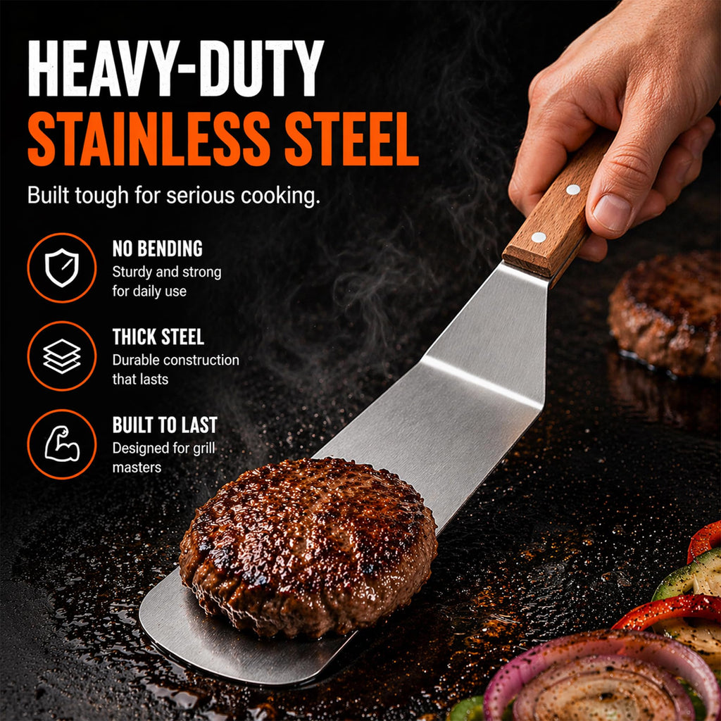 Medium Grill Spatula – Metal Spatula with Wooden Handle & Beveled Edges, Heavy Duty Flat Top Turner for Skillets, Griddles & Grills, Smash Burger Flipper, Stainless Steel Cooking Tool (Style 05)