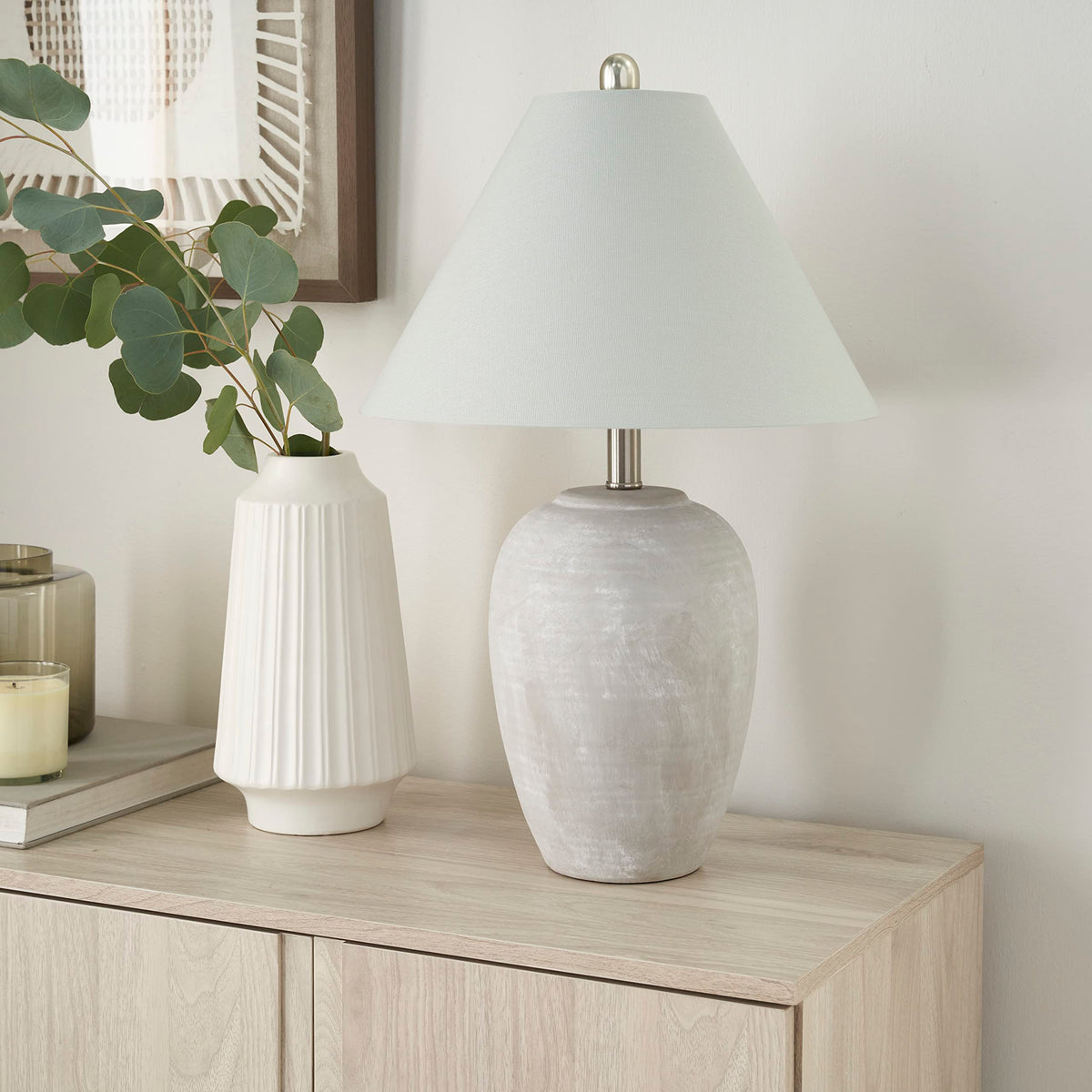 Nourison Home 23" Coastal Blue Ceramic Pot Table Lamp for Bedroom, Living Room, Dining Entryway, with White Shade