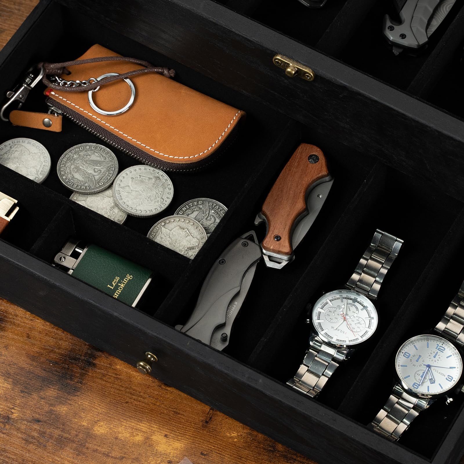 Yoimori 2-Layer Pocket Knife Case Display & Storage, Solid Wood Knife Case for Collections, Gift for Boyfriend, Fathers Day, Birthday Gifts (Black)